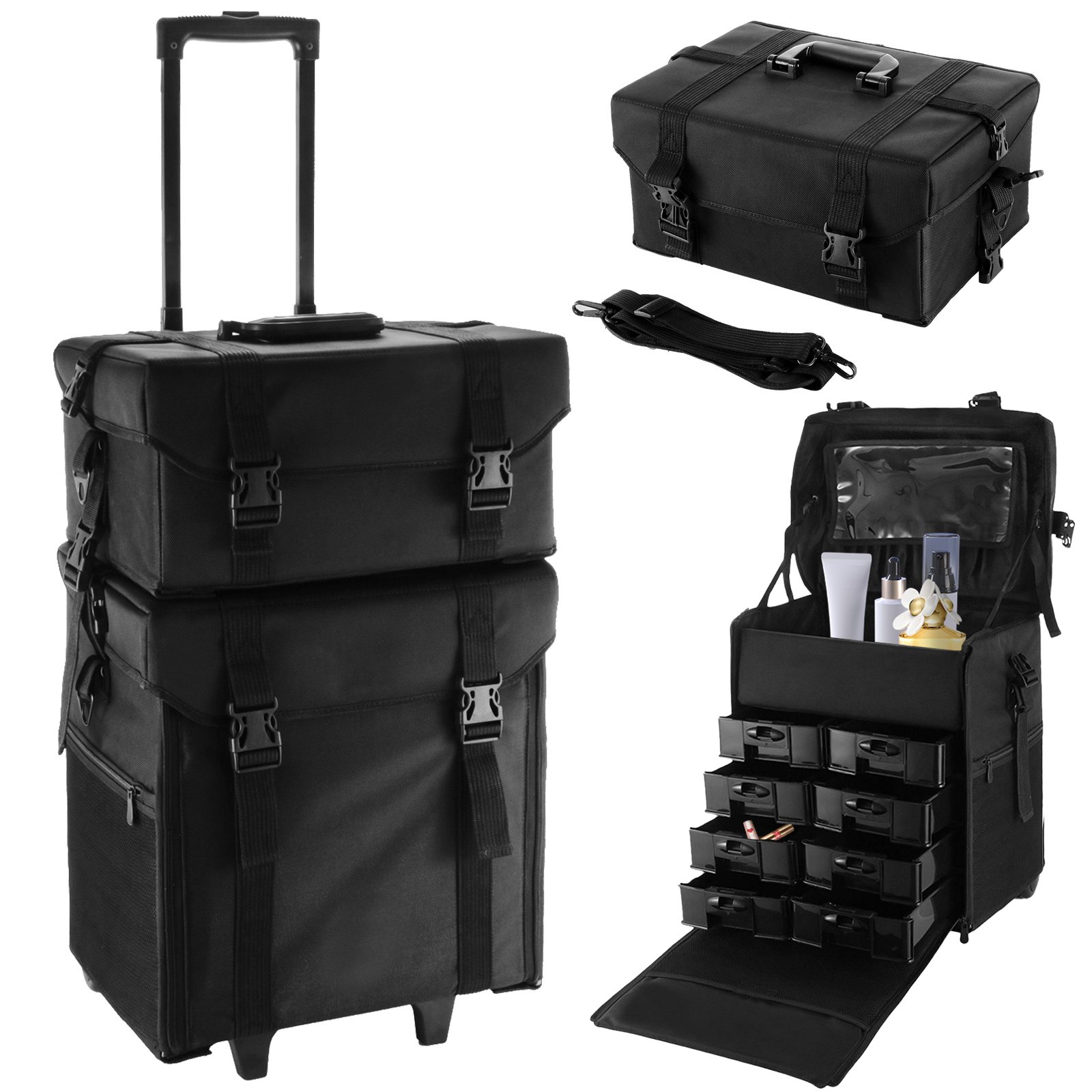 2 in 1 Rolling Makeup Case Train Box Cosmetic Organizer Luggage Trolley