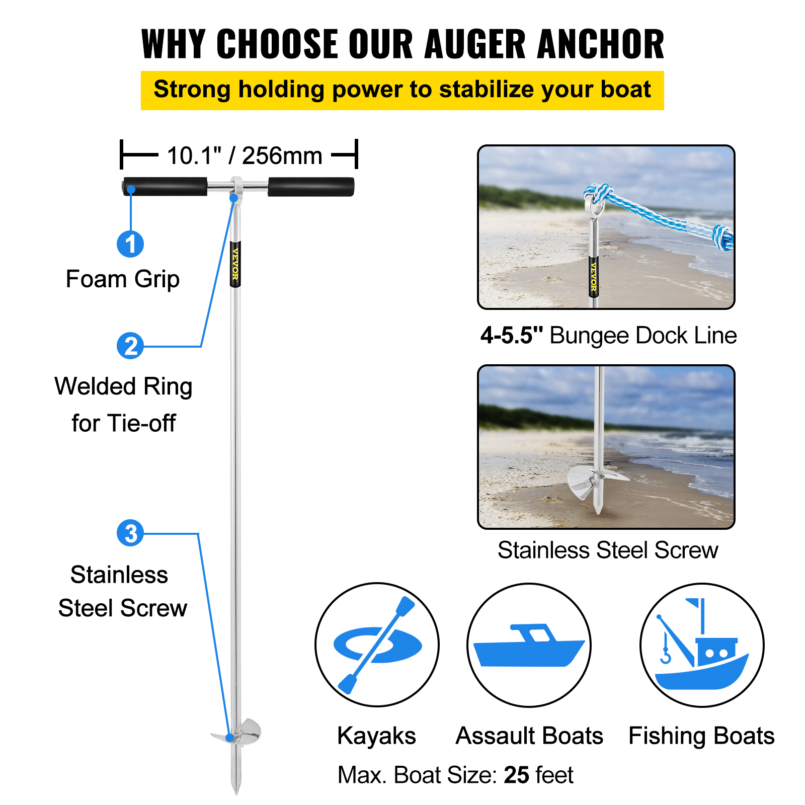 VEVOR Boat Sand Anchor Pontoon Sand Anchor 36" Stainless Steel for the