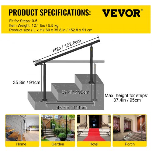 VEVOR Outdoor Stair Railing Kit, 5 FT Handrails 0-5 Steps, Adjustable ...