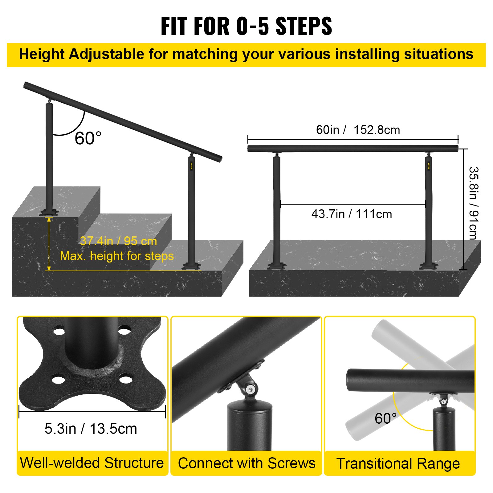 VEVOR Outdoor Stair Railing Kit, 5 FT Handrails 0-5 Steps, Adjustable ...