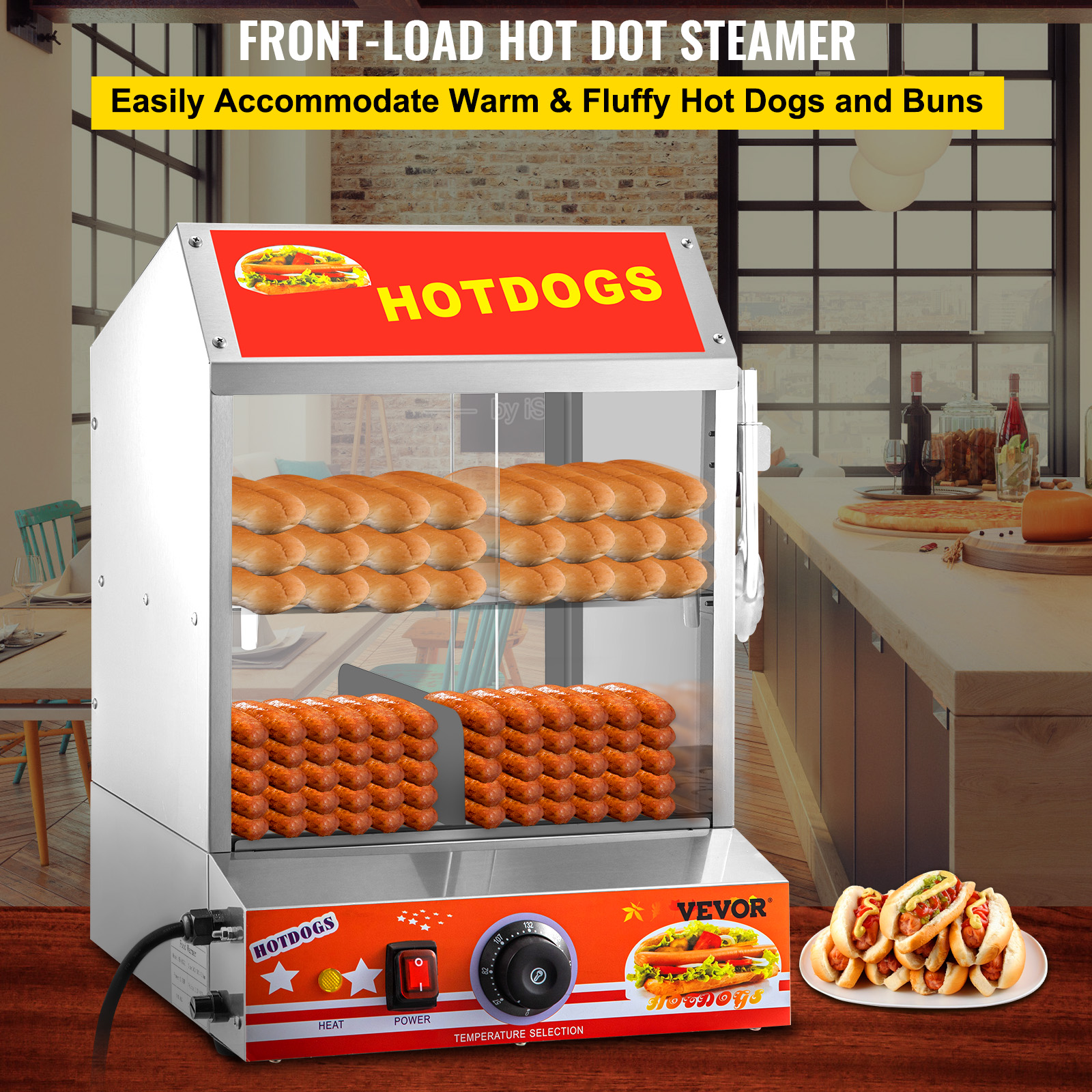VEVOR Hot Dog Steamer, 27L/24.52Qt, 2Tier Hut Steamer for 175 Hot Dogs