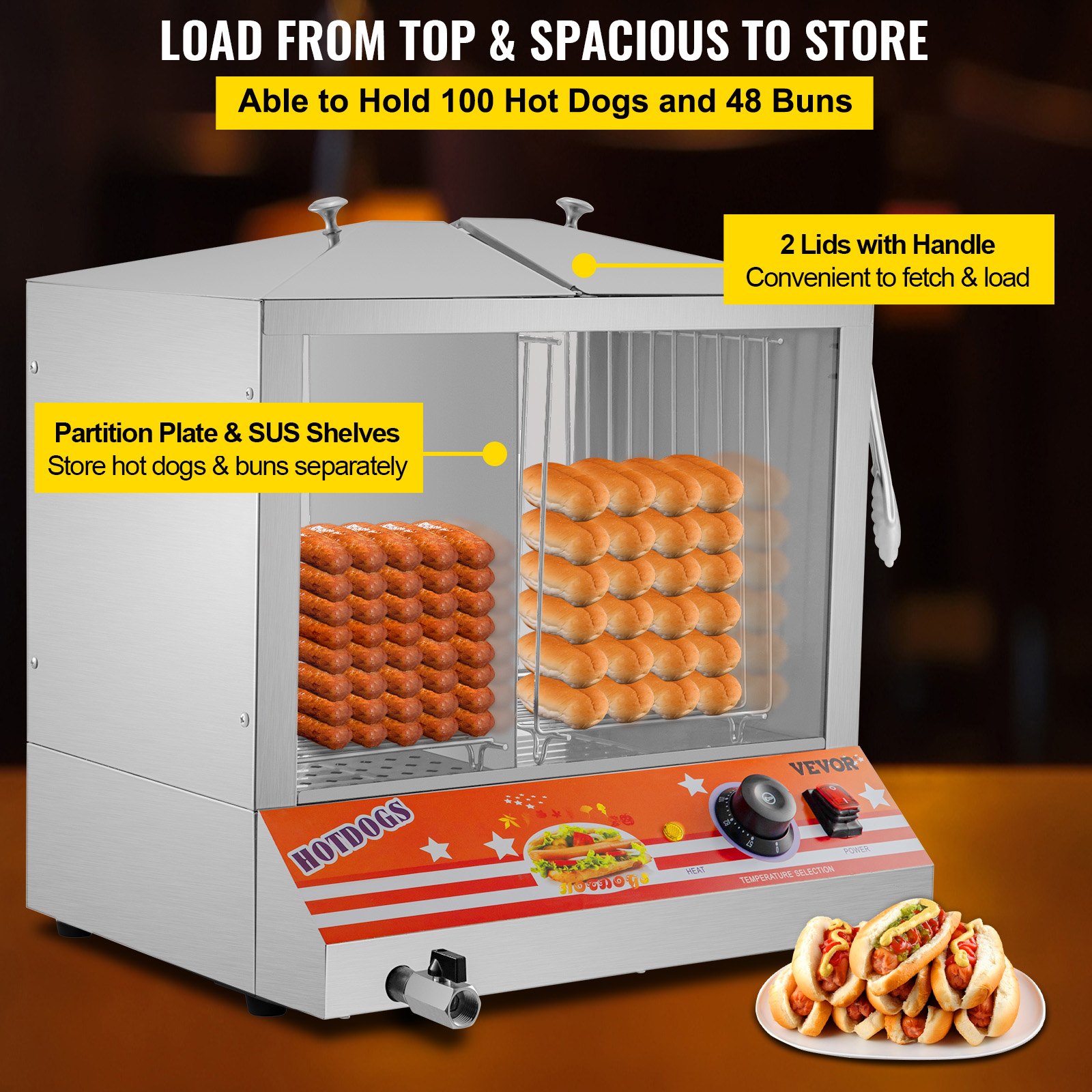 VEVOR Hot Dog Steamer, Top Load Hut Steamer for 100 Hot Dogs&48 Buns