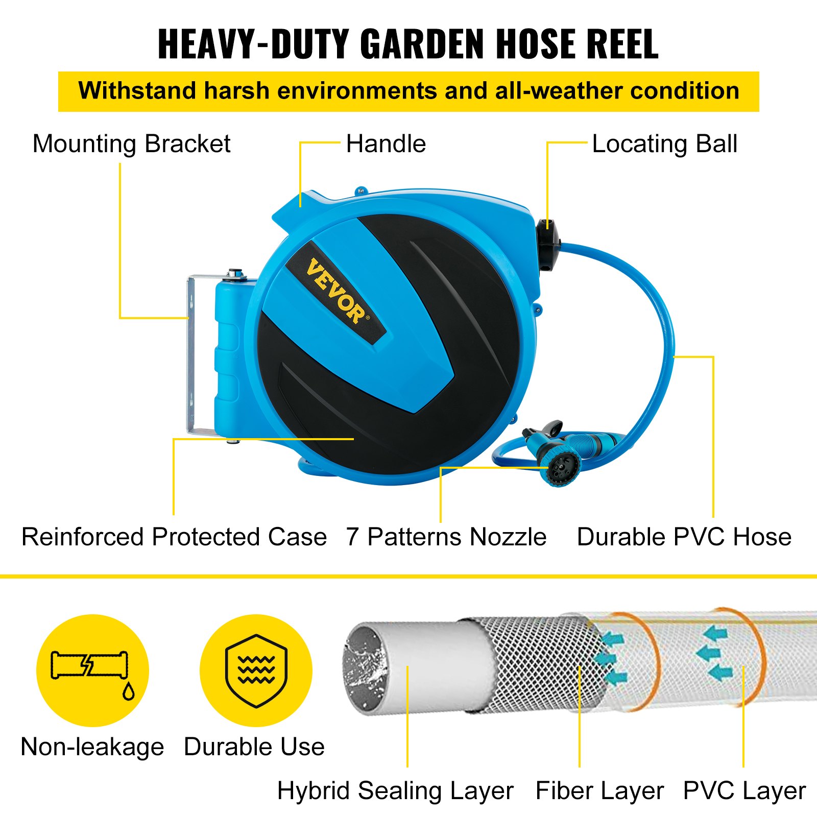 VEVOR Retractable Hose Reel, 1/2 inch x 100 ft, Any Length Lock