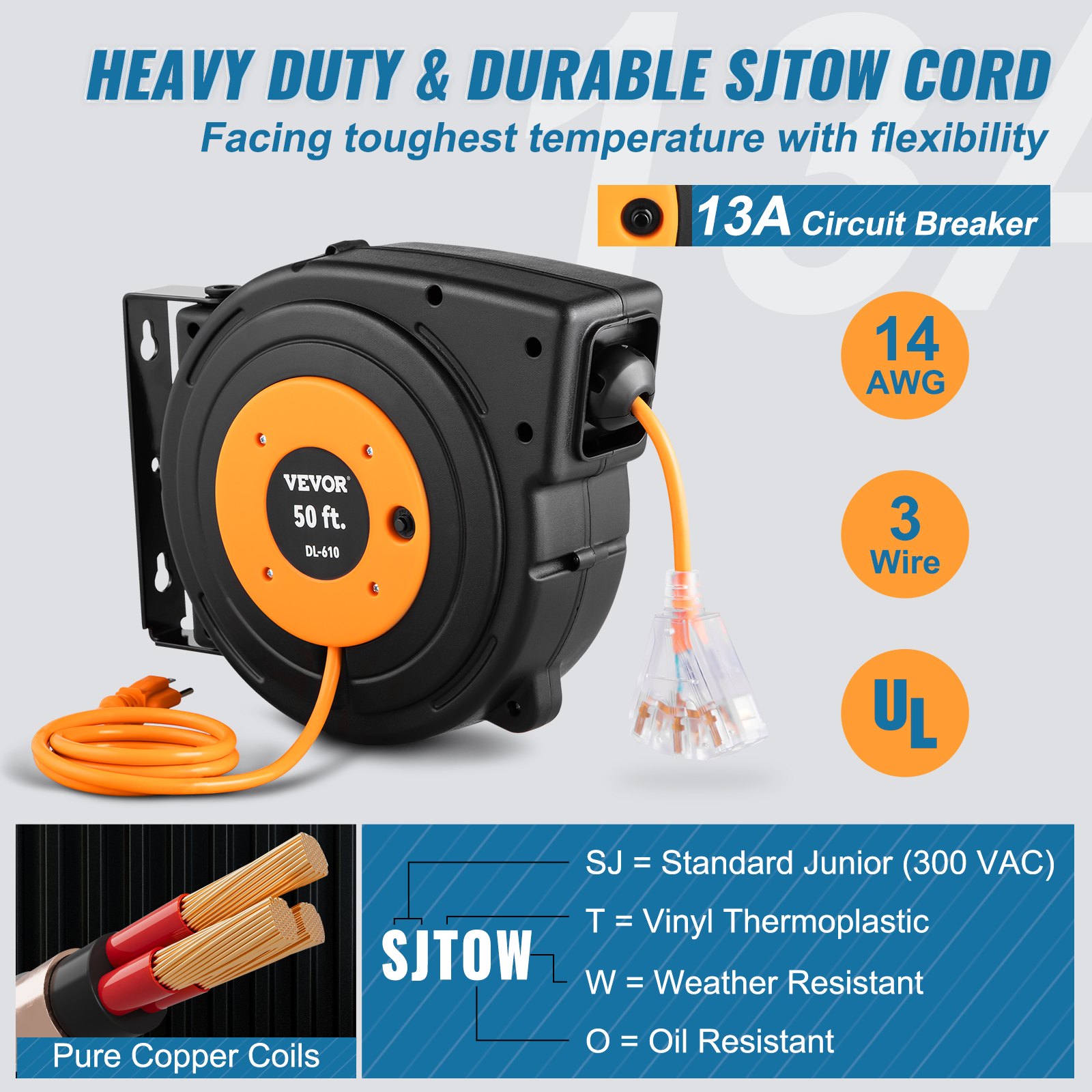 VEVOR Retractable Extension Cord Reel, 50 FT, Heavy Duty 14AWG/3C SJTOW