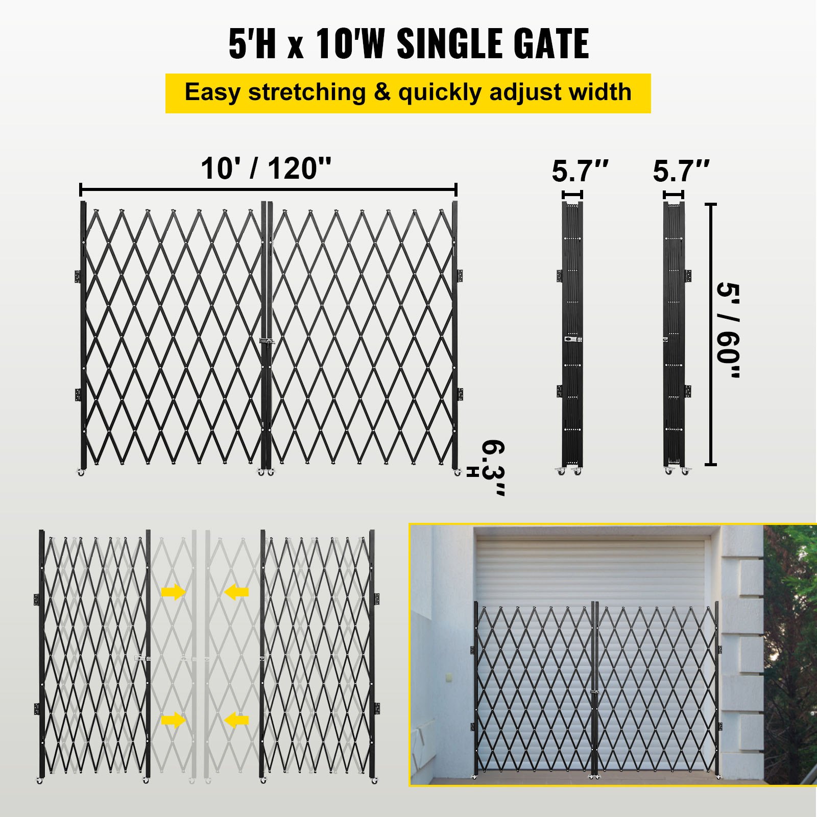 VEVOR Double Folding Security Gate, 5' H x 10' W Folding Door Gate