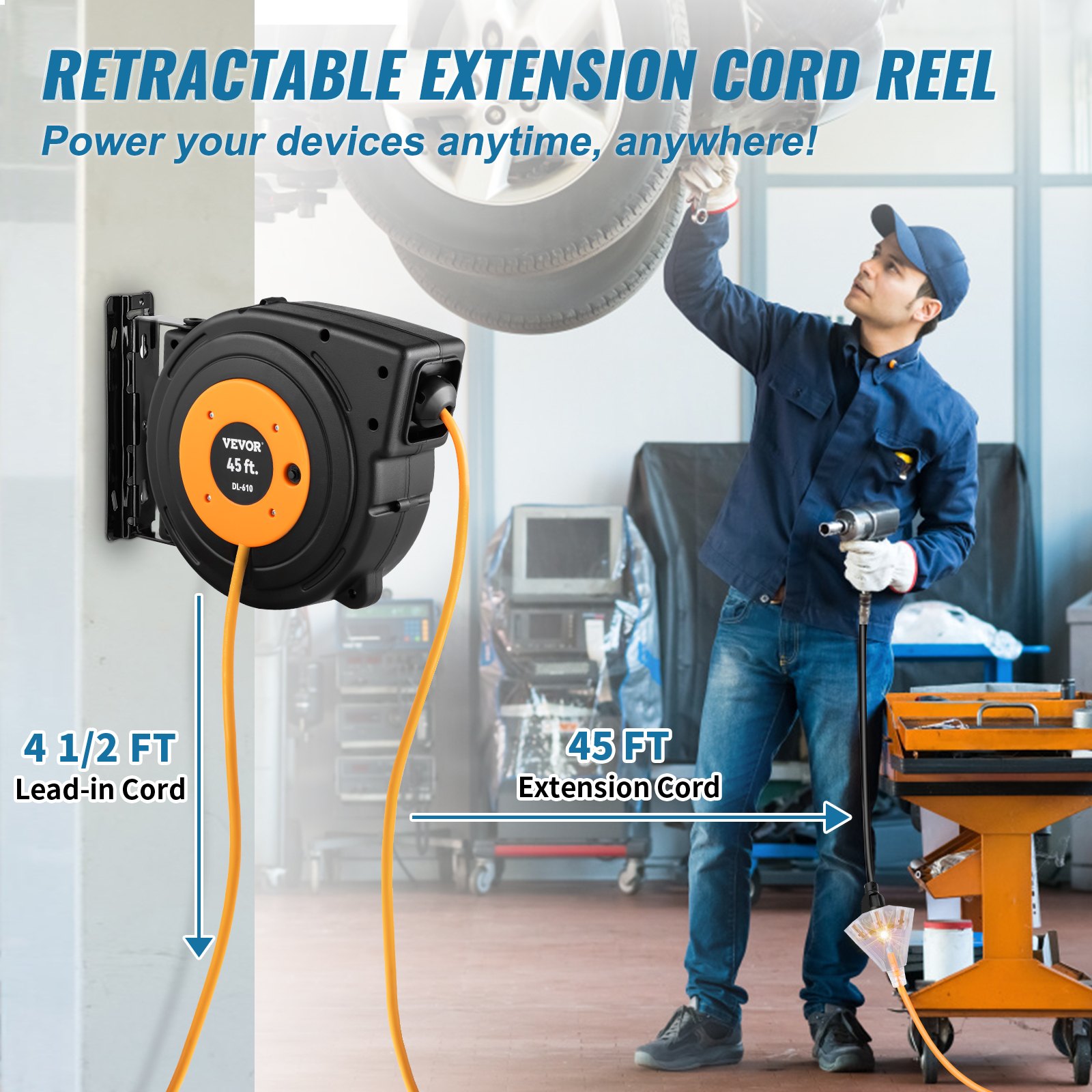 VEVOR Retractable Extension Reel, Heavy Duty 12AWG/3C SJTOW Power Cord ...
