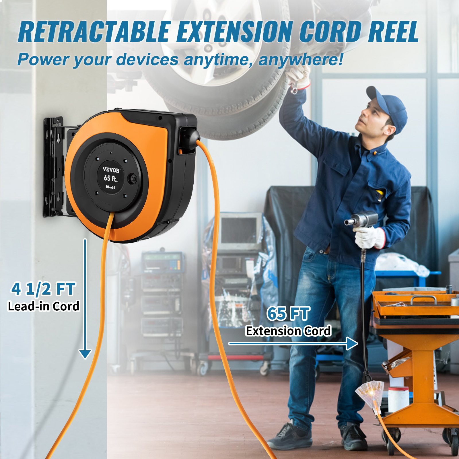 VEVOR Retractable Extension Cord Reel, 65 FT, Heavy Duty 12AWG/3C SJTOW