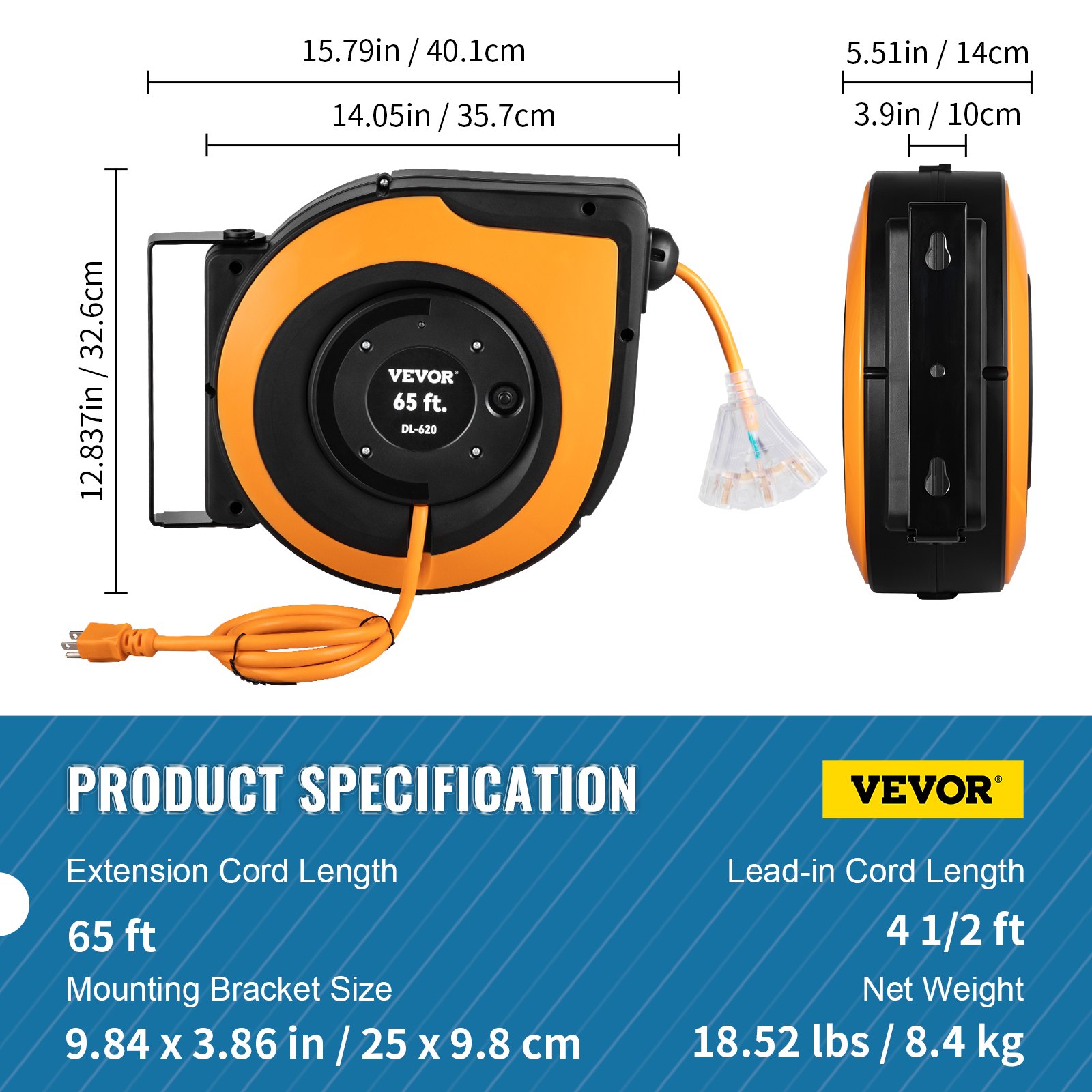 VEVOR Retractable Extension Cord Reel, 65 FT, Heavy Duty 12AWG/3C SJTOW ...