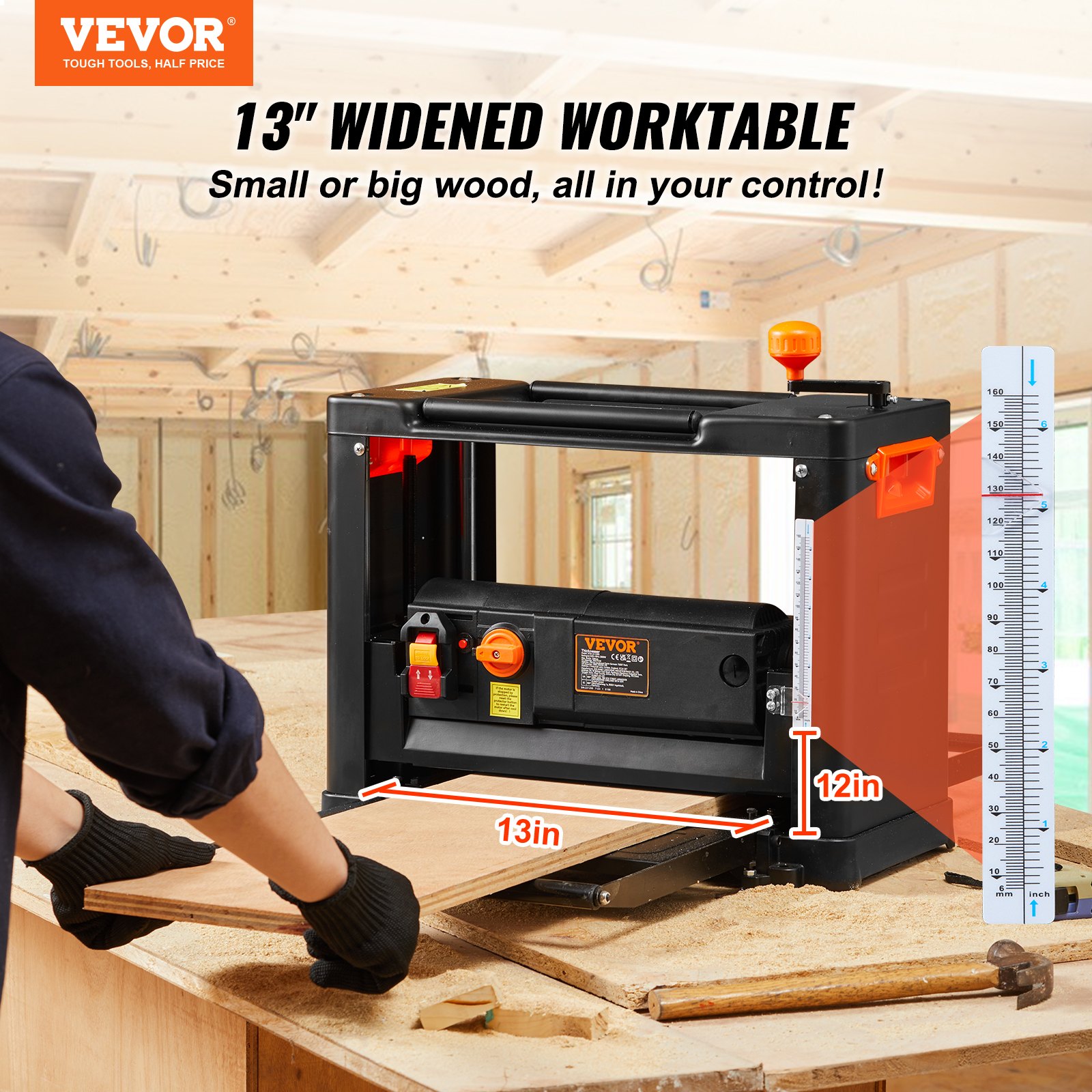 VEVOR Thickness Planer, Two Speed, 13" Width Worktable Benchtop Planer