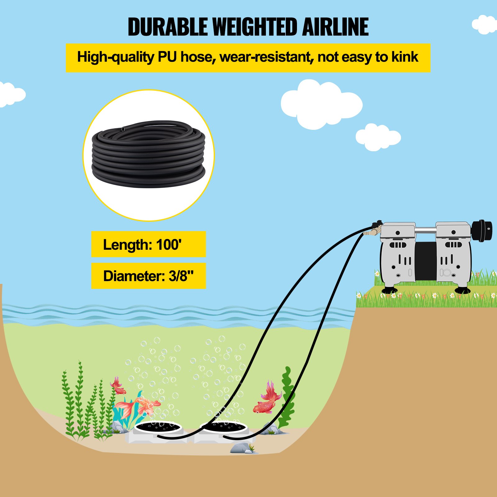 VEVOR Pond Aerator Lake Pond Aeration Kit w/ 3/4 HP Pump 100' Tube 10