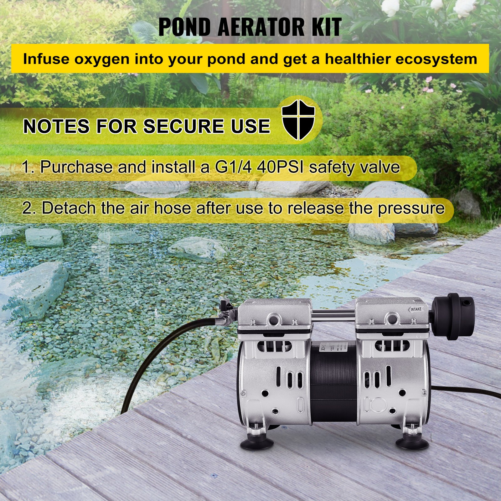 VEVOR Pond Aerator Lake Pond Aeration Kit W/ 1/2 HP Pump 100' Tube 10 ...