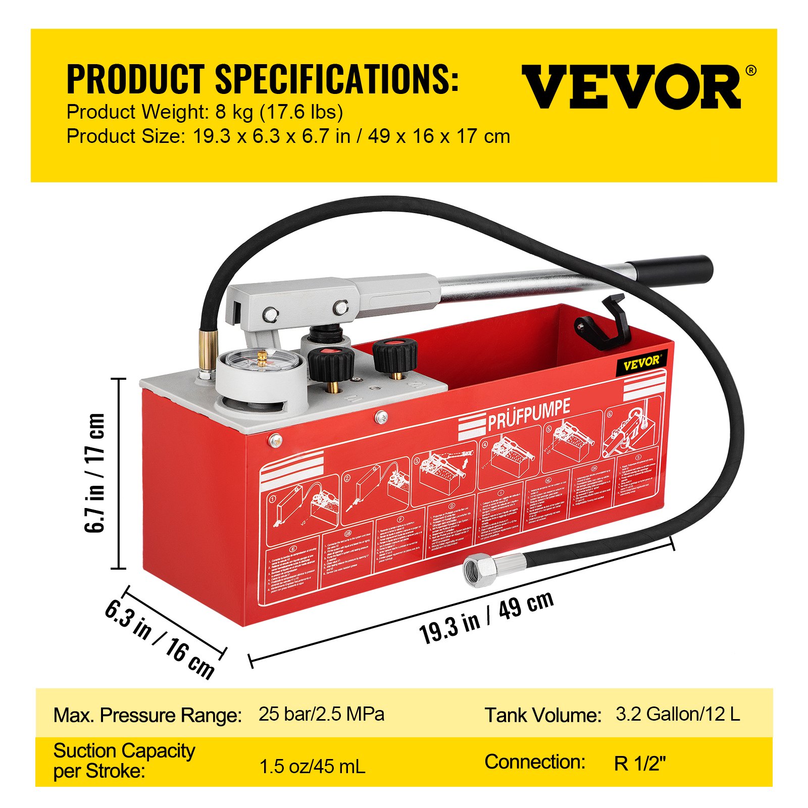 VEVOR Hydrostatic Pressure Test Pump, Test Up to 25 bar/2.5 MPa, 3.2