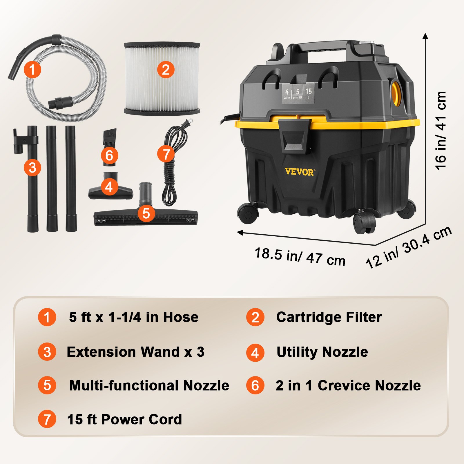 VEVOR Wet Dry Vac, 4 Gallon, 5 Peak HP, 3 in 1 Shop Vacuum with Blowing