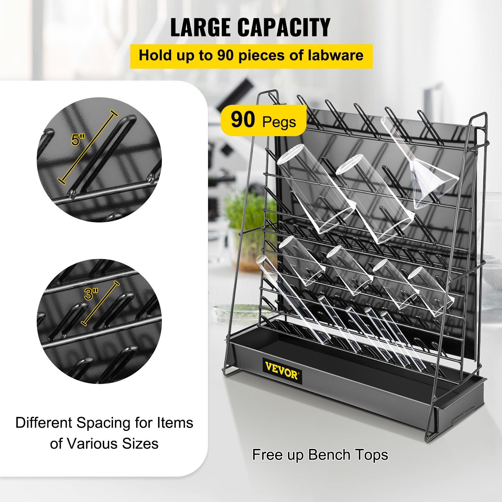 VEVOR Drying Rack for Lab 90 Pegs Lab Glassware Rack Steel Wire ...