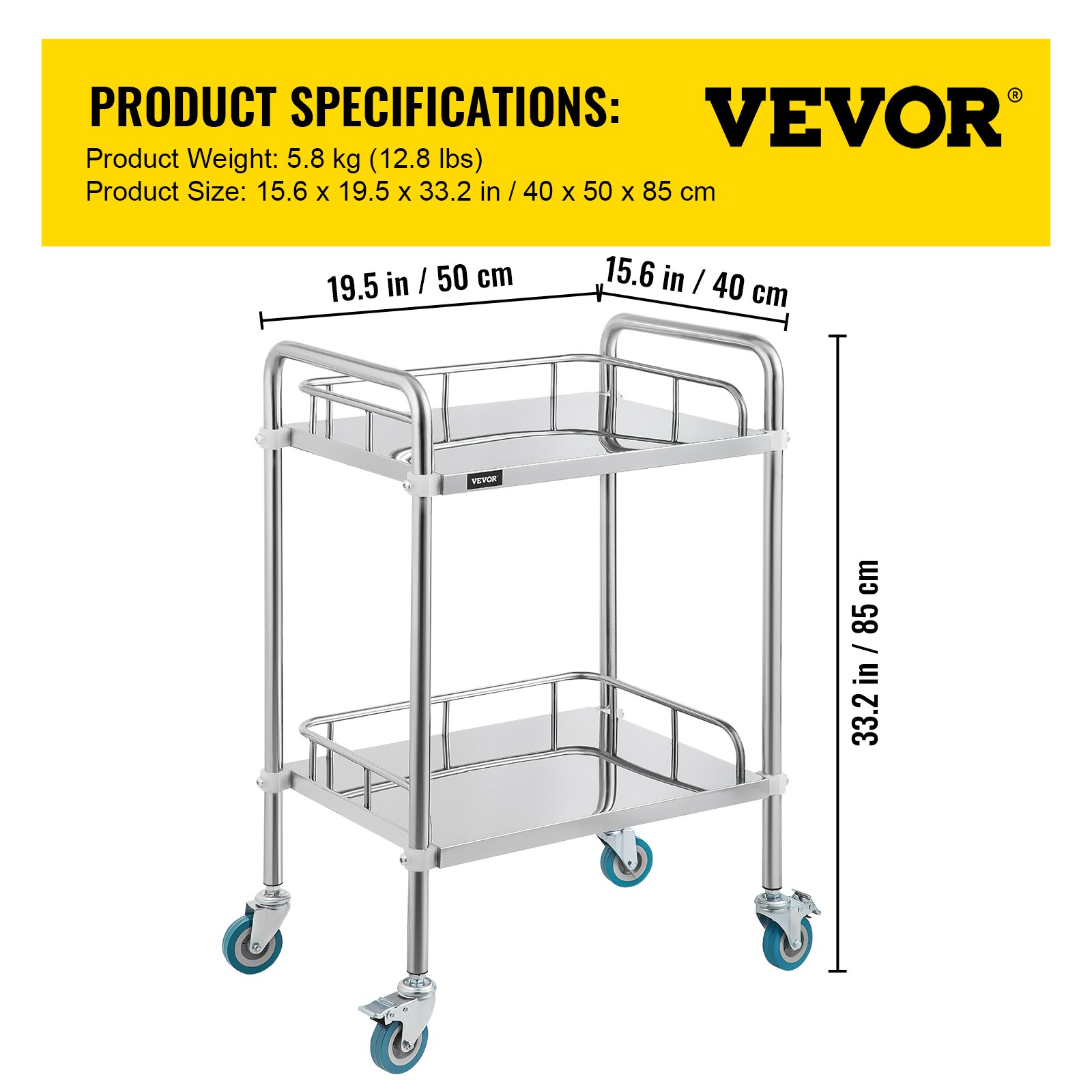 VEVOR 2Shelf lab cart with Wheels Stainless Steel Rolling cart Lab