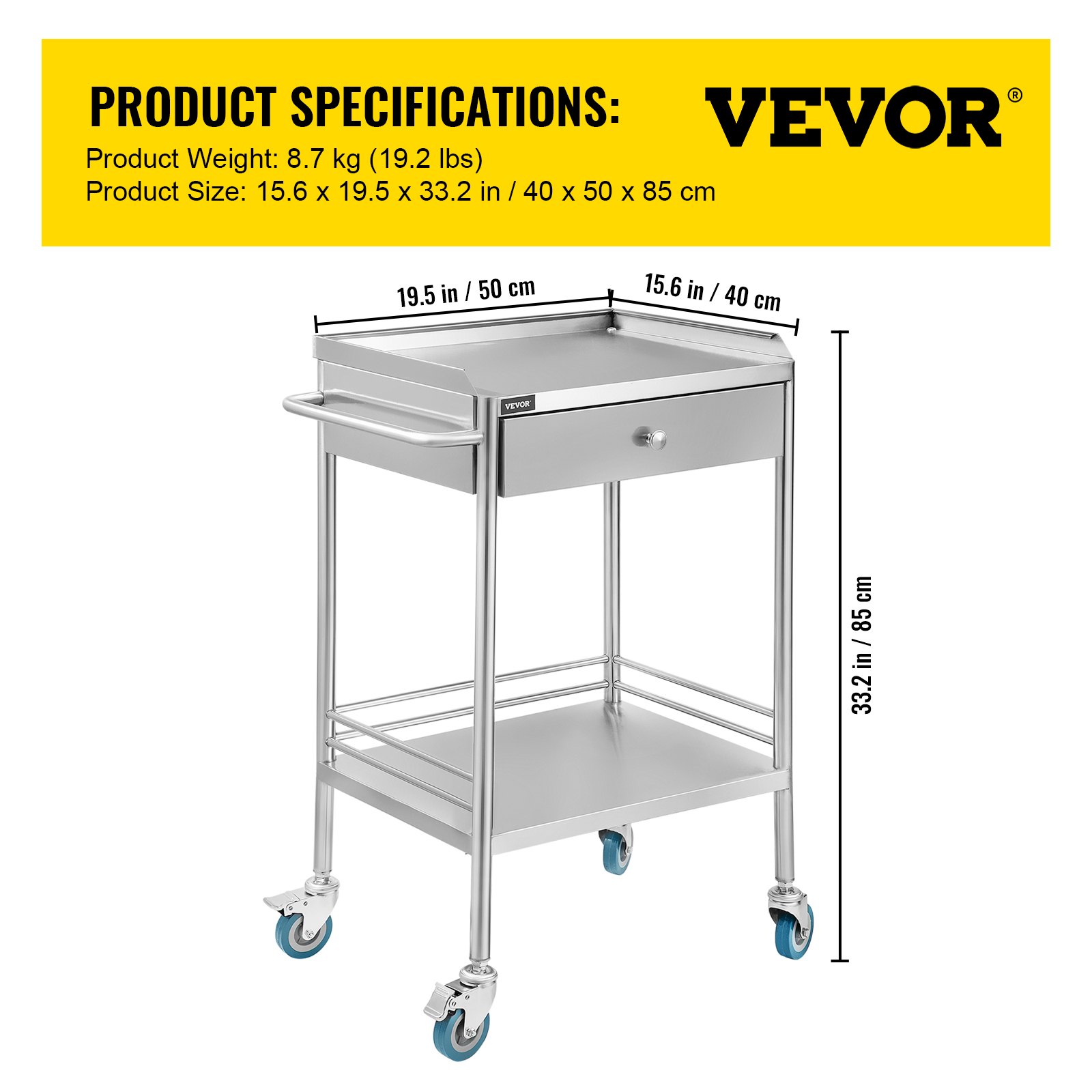 VEVOR Shelf Stainless Steel Utility Cart Catering Cart with Wheels