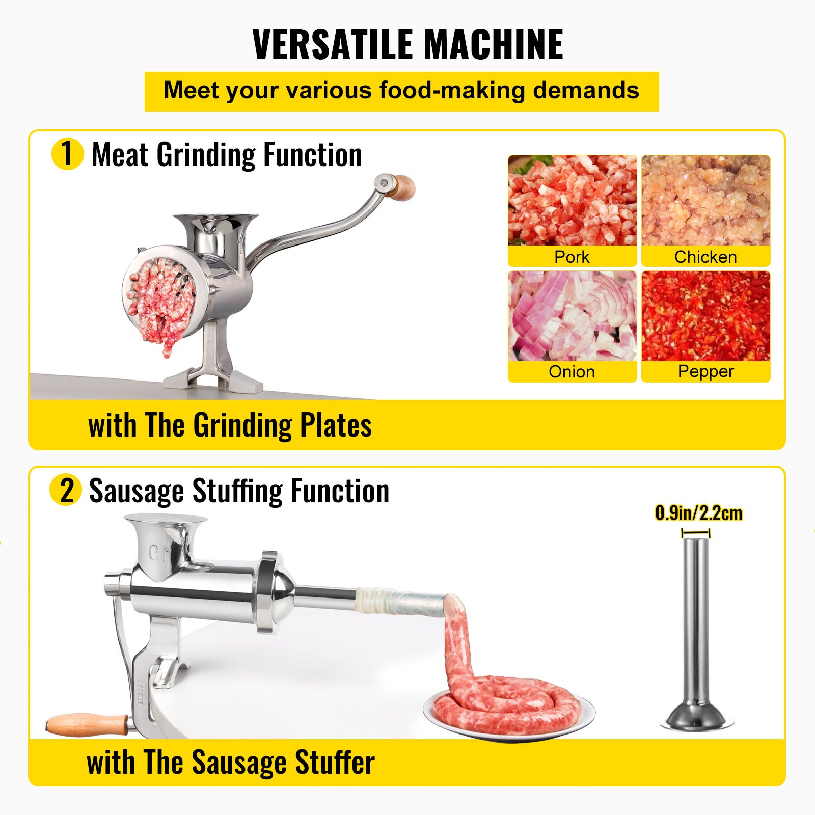 VEVOR Heavy Duty Meat Grinder Manual Sausage Filler Stainless Steel