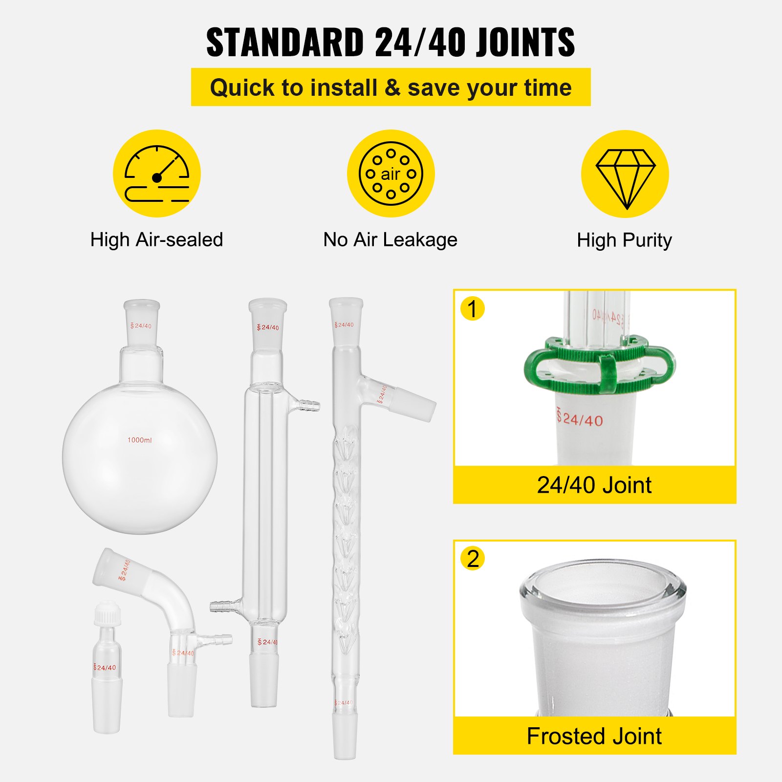VEVOR Glass Organic Chemistry Kit 13pcs Distillation Kit 24/40 Joints