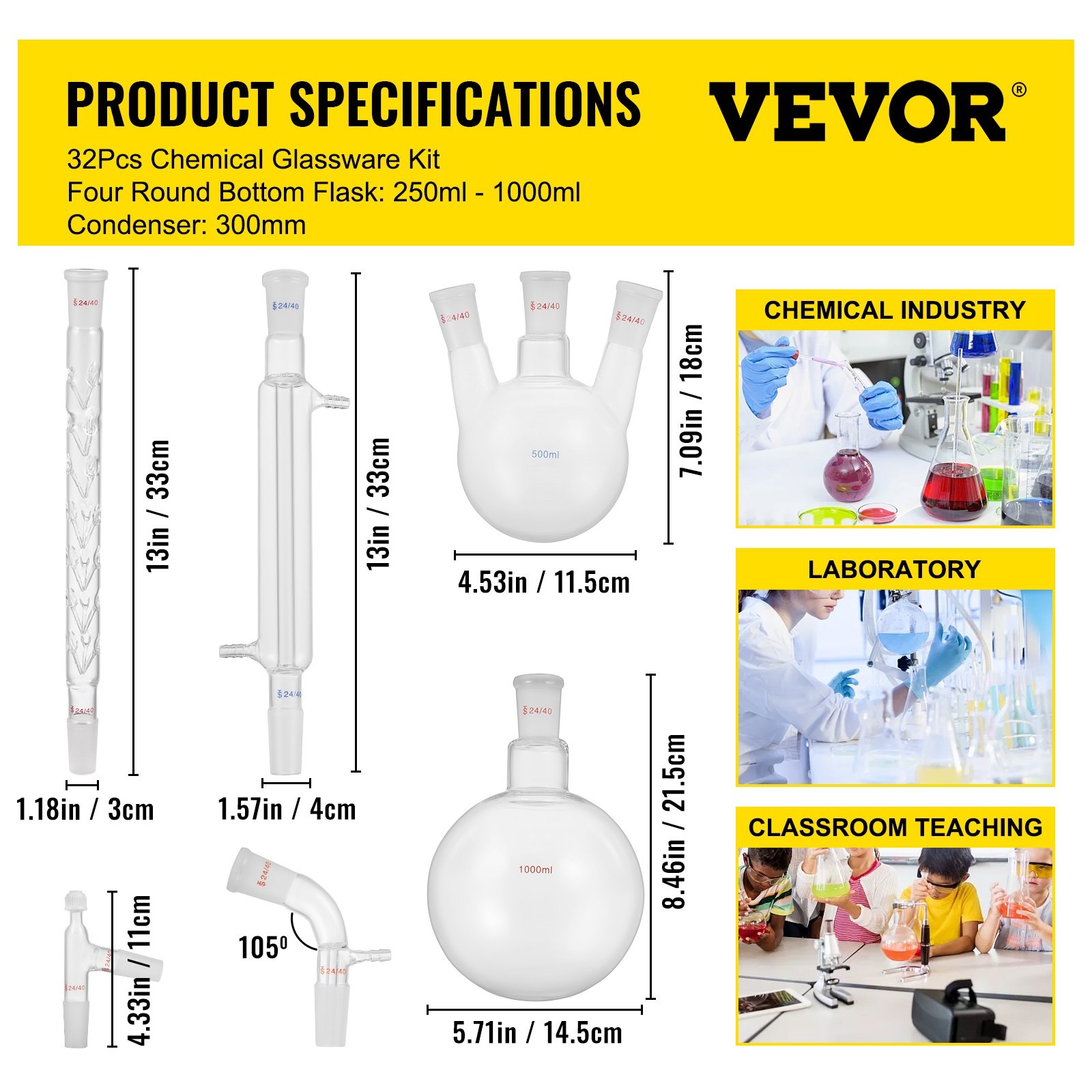 VEVOR New Laboratory Glassware 24/40 Chemistry Glassware 32PCS ...