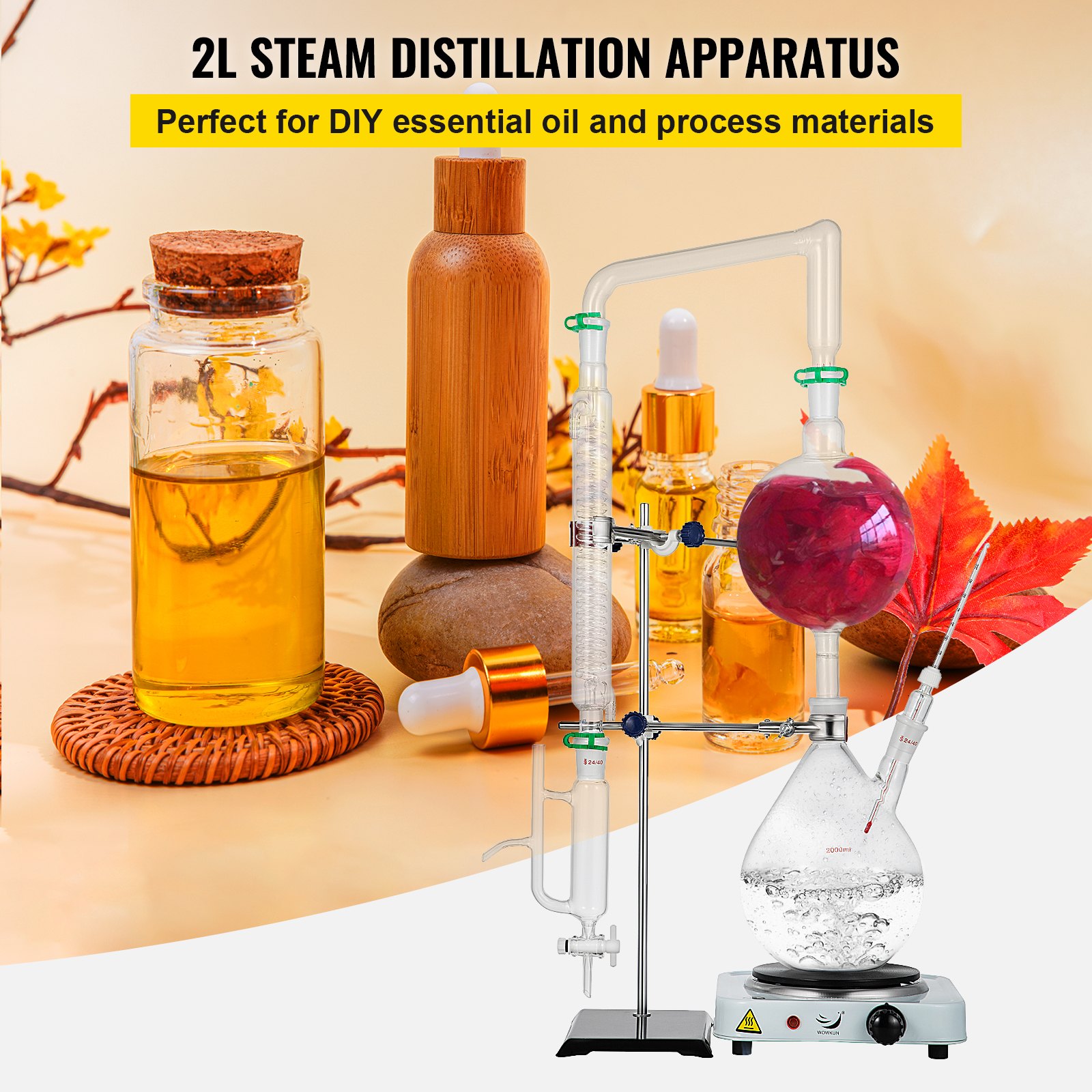 VEVOR 2L Essential Oil Distillation Apparatus Lab Glassware ...