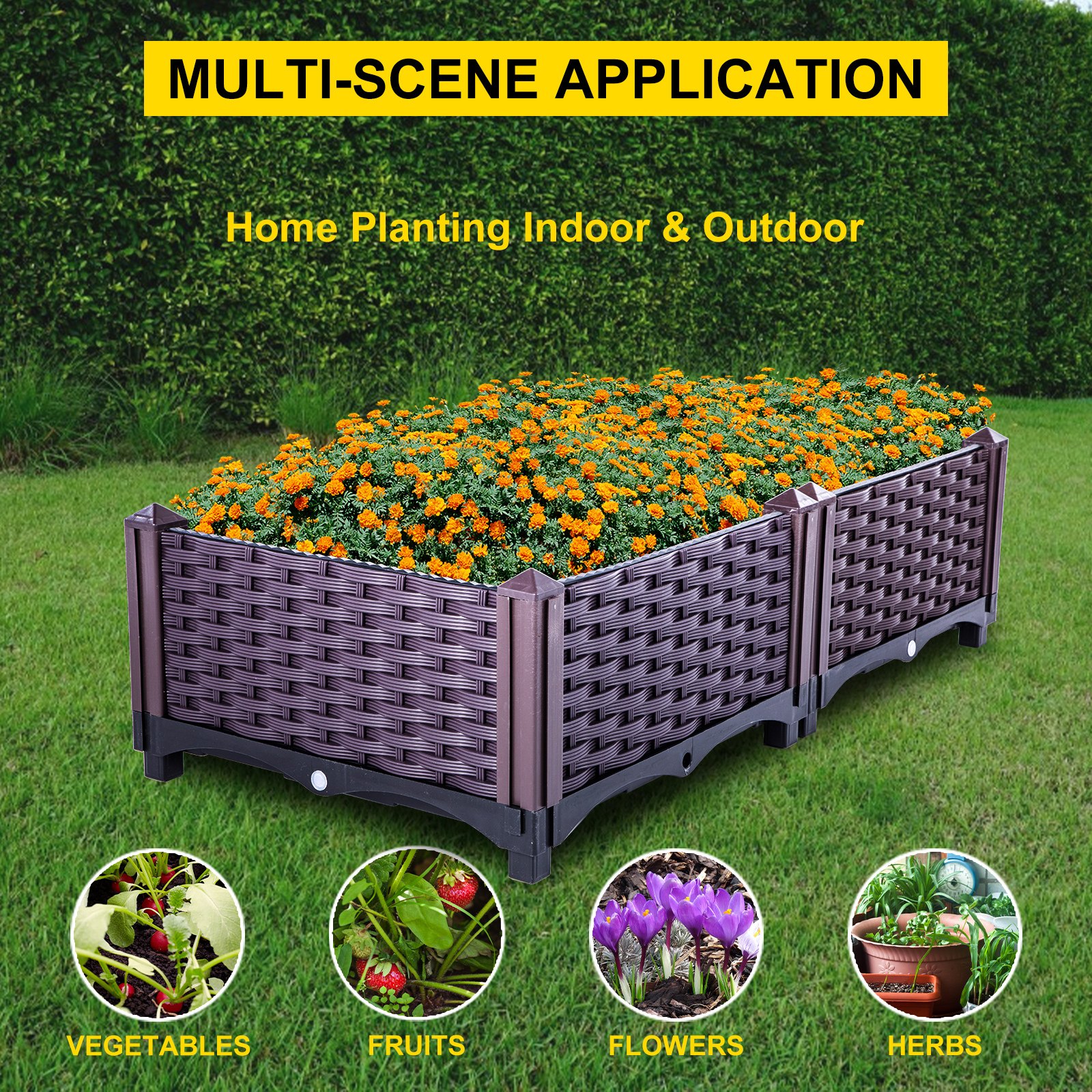 VEVOR Plastic Raised Garden Bed, 9" H Flower Box Kit, Brown Rattan Style Grow Planter Care Box