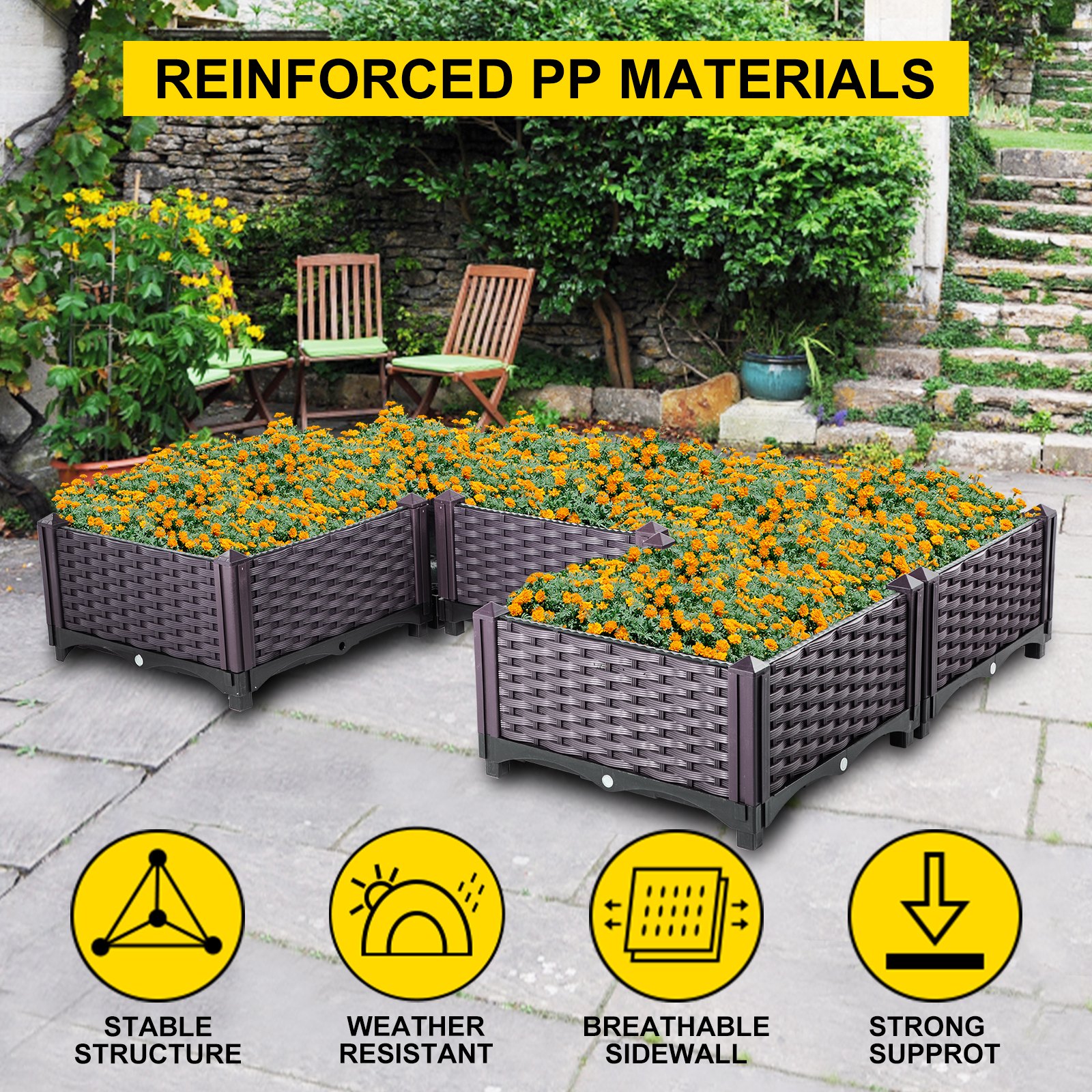 VEVOR Plastic Raised Garden Bed, 9H Flower Box Kit, Brown Rattan Style Grow Planter Care Box