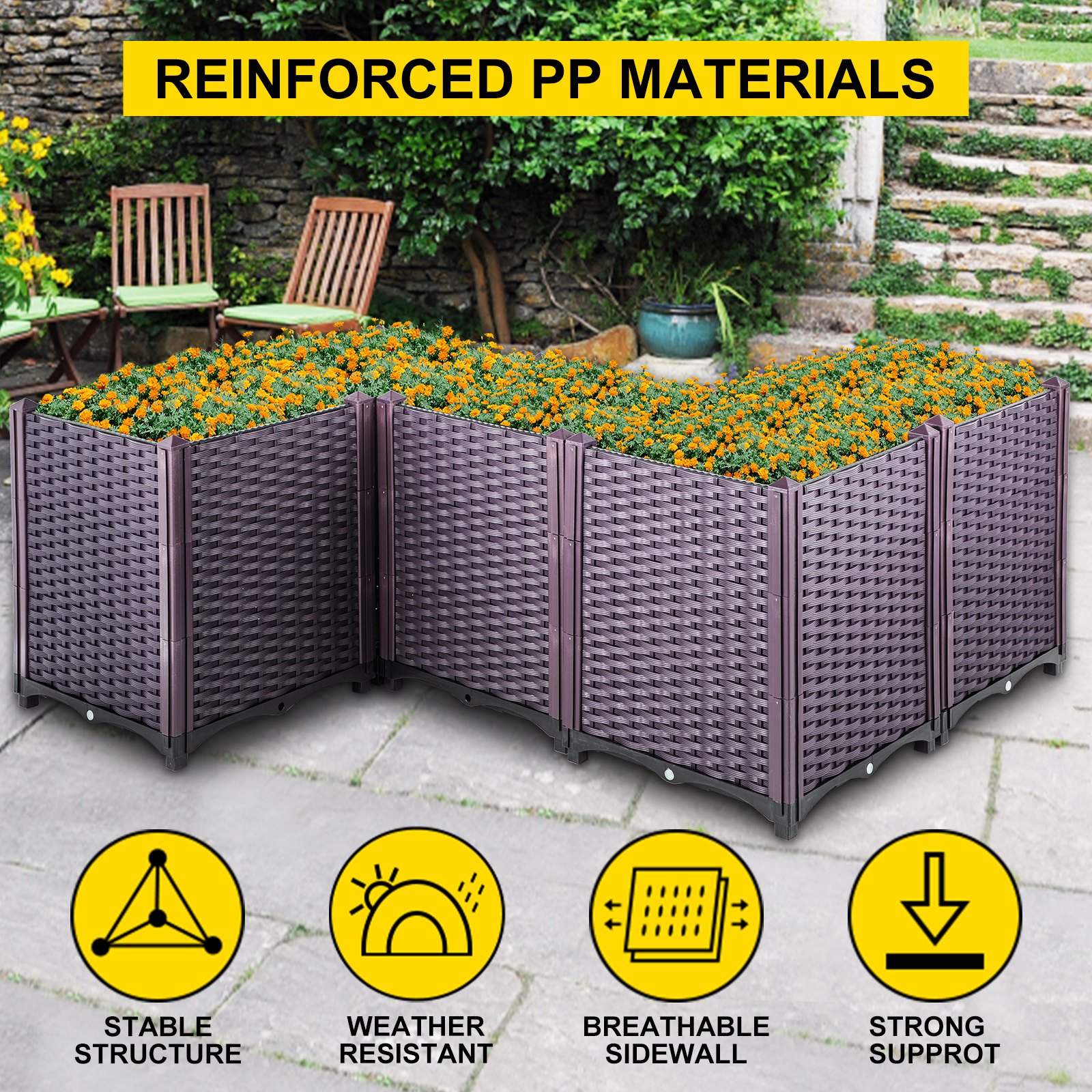 VEVOR Plastic Raised Garden Bed, 20.5" High Set of 5, Rattan Style Grow Planter Care Box Kit