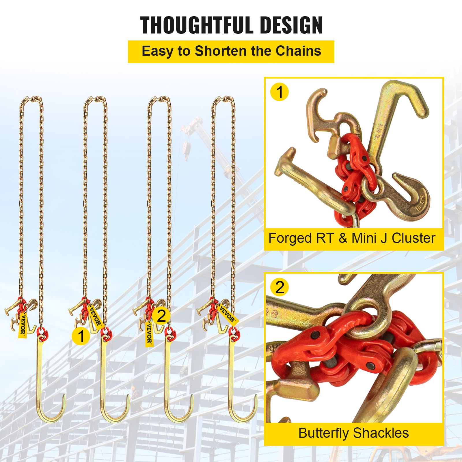 VEVOR G80 V Bridle Chain, 5/16 In. X 2 Ft. Towing Chain Bridle With 15 In. J Hooks R Hooks And Grab Hooks Heavy Duty Transport Szgltj5162ft00001v0 - Foto 3