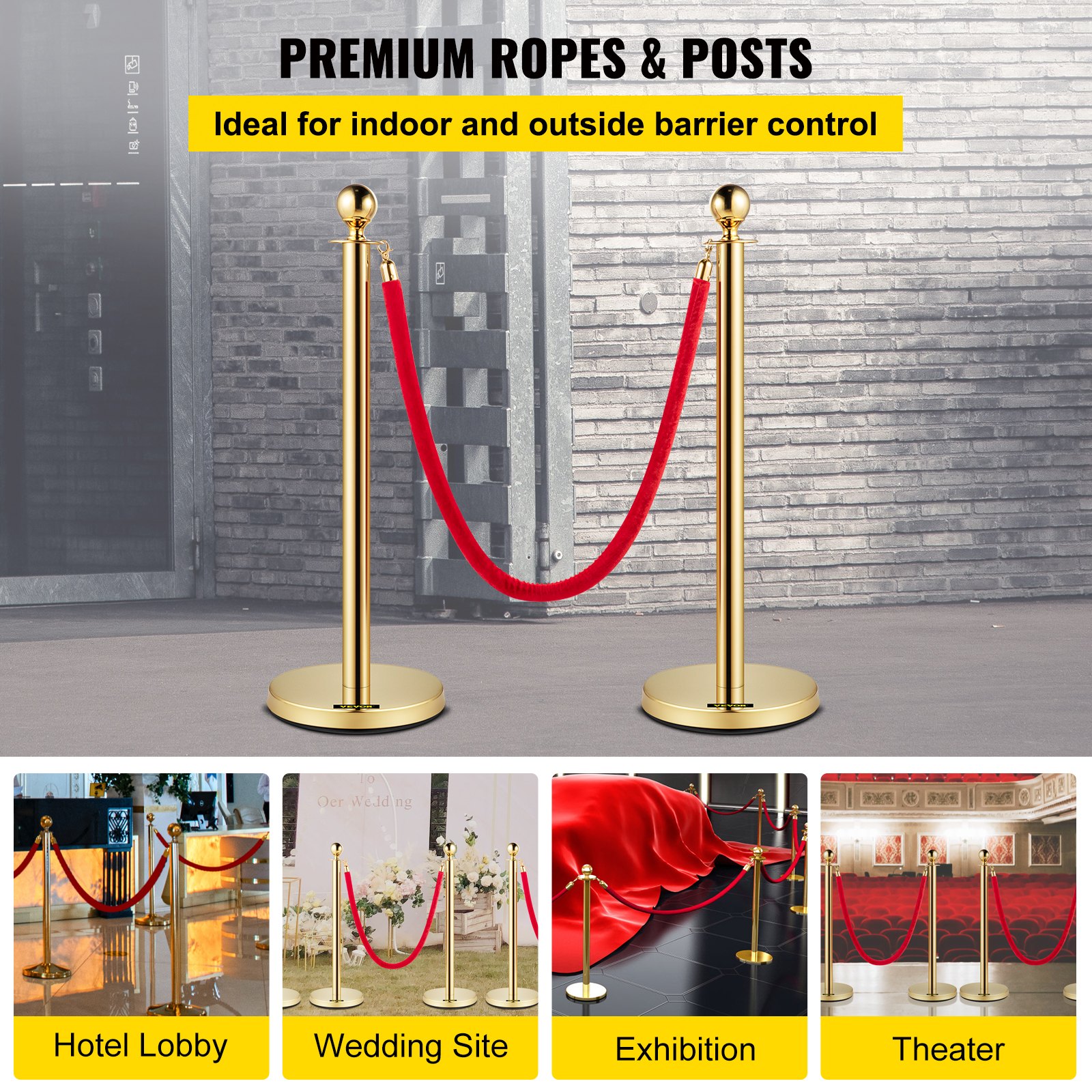 Dropship Gold Stanchions And Velvet Ropes, Red Carpet Ropes And Poles 5ft15 M Stainless Steel Stanchion Post Rope Safety Barriers Gold 4pcs