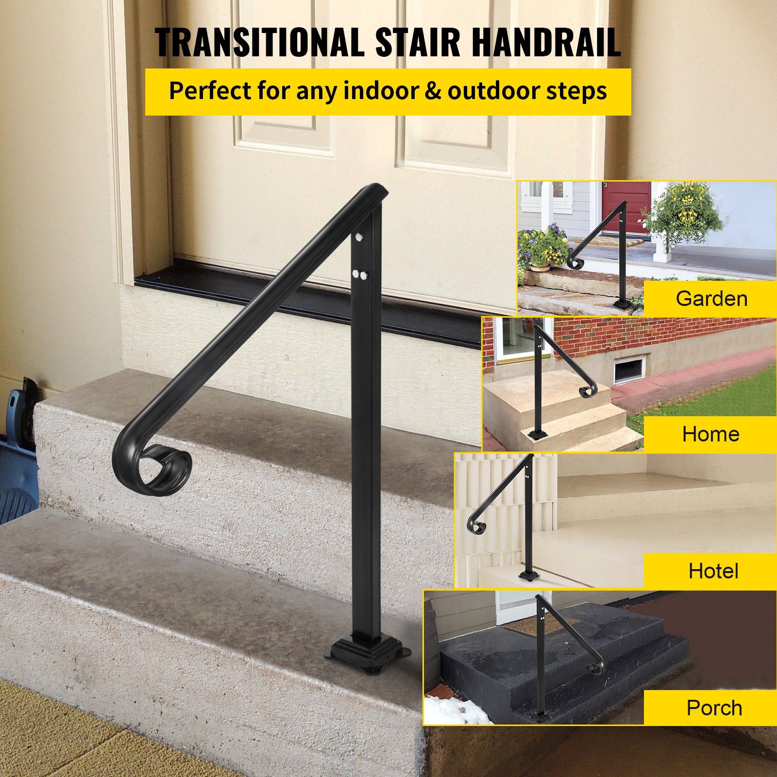 VEVOR Handrail Fits 1 or 2 Steps,Handrails Real Iron Metal Material ...