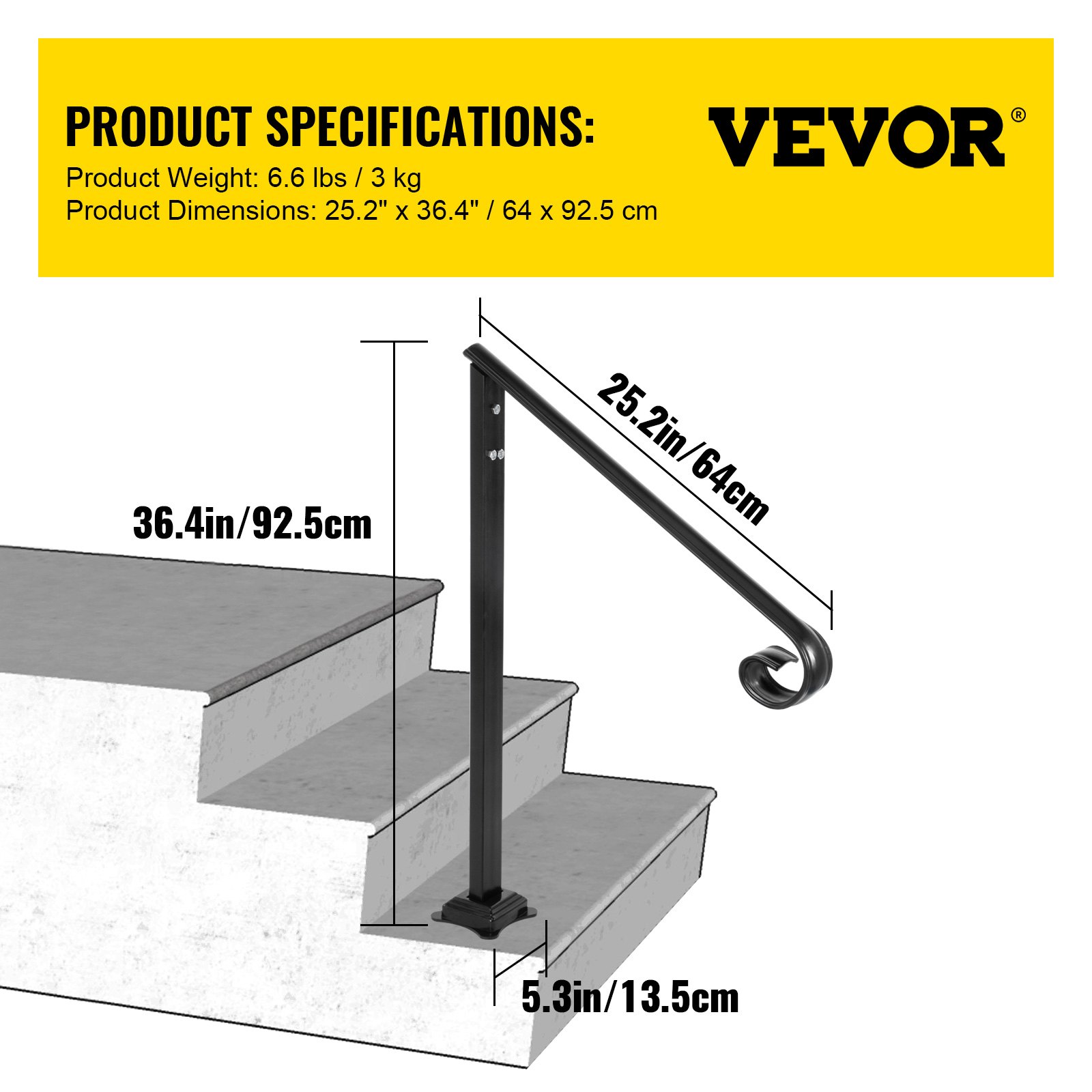 VEVOR Handrail Fits 1 or 2 Steps,Handrails Real Iron Metal Material ...