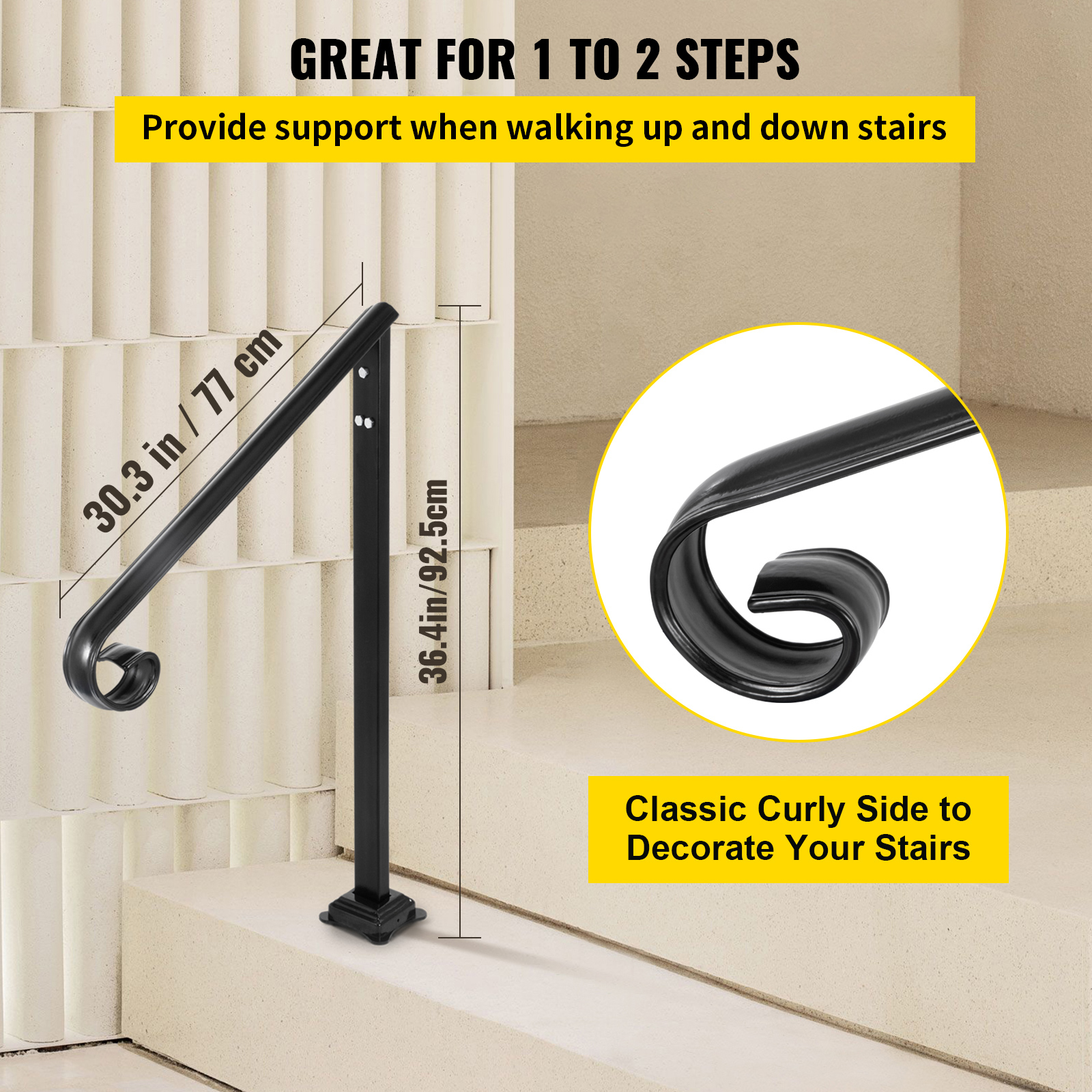 VEVOR Handrail Fits 1 or 2 Steps,Handrails Real Iron Metal Material ...