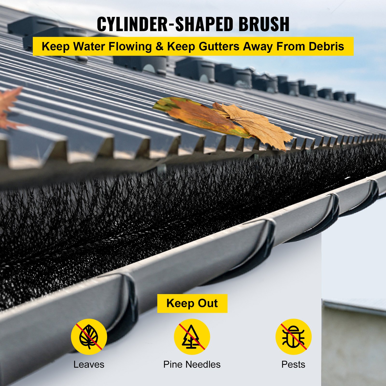 VEVOR Gutter Guard Brush with 15 FT Length Bristle, 4.33"(Dia) Gutter Brush Leaf Guard Fit for 5