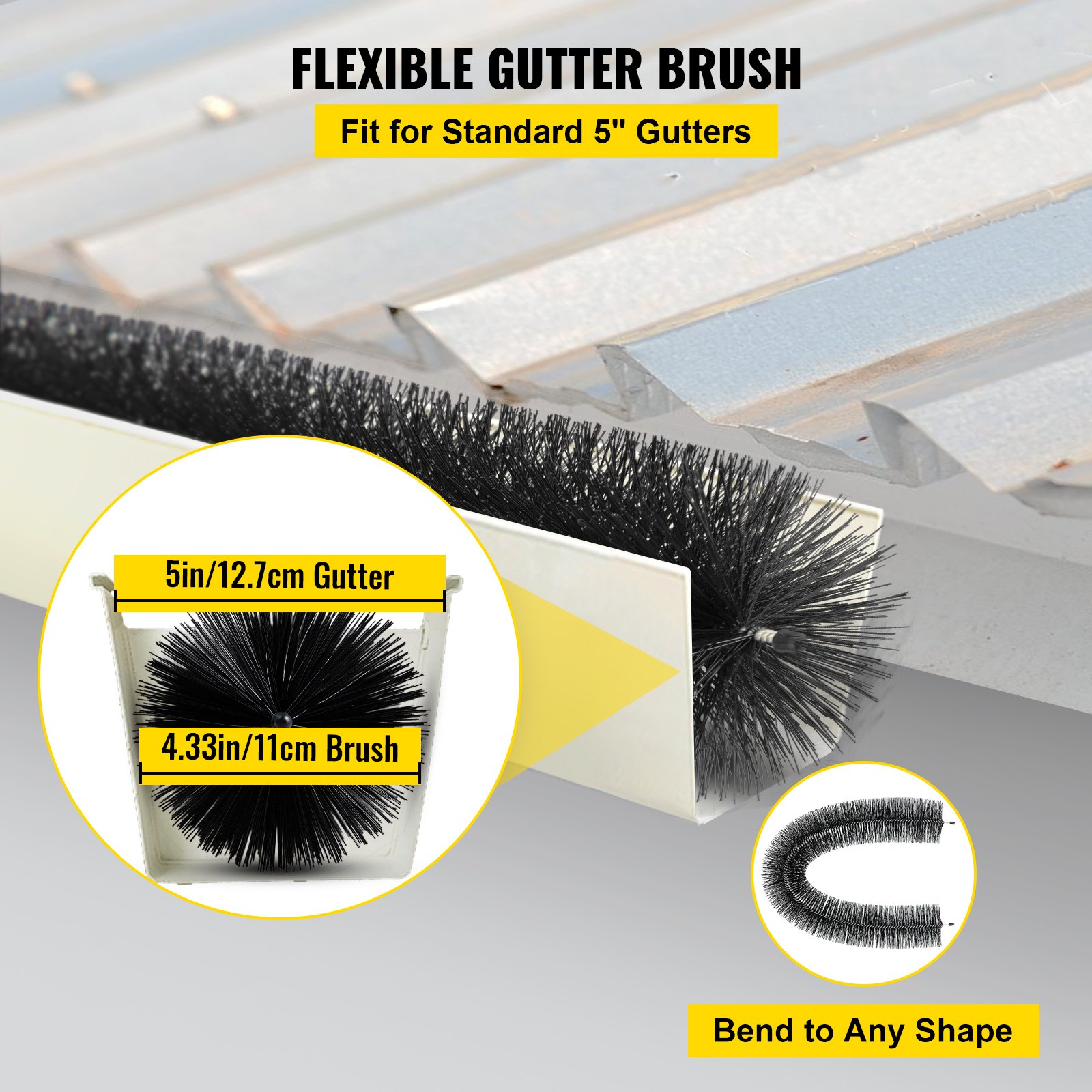 VEVOR Gutter Guard Brush with 15 FT Length Bristle, 4.33"(Dia) Gutter