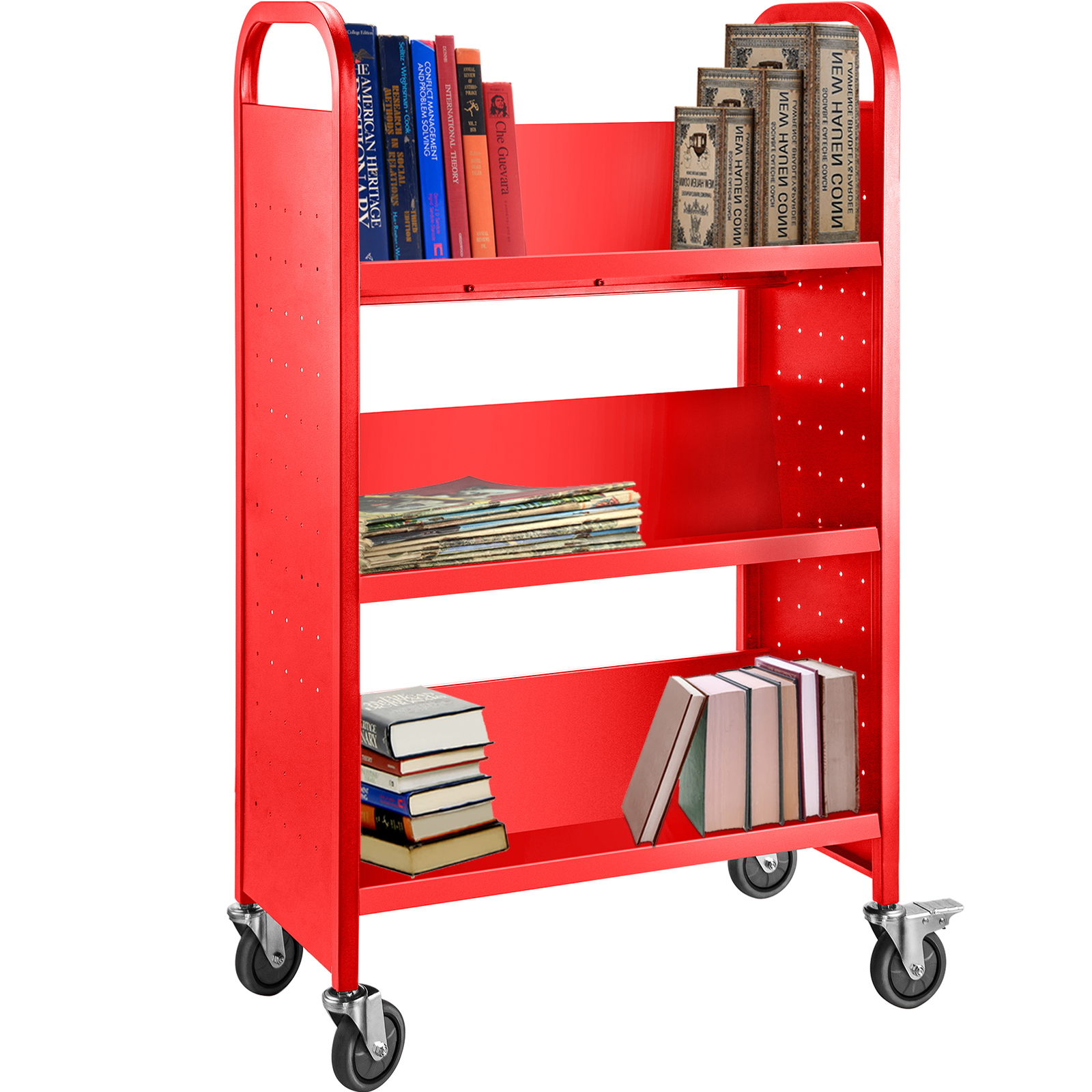 Book Cart Library Cart 200lb with Single Sided VShaped Sloped Shelves in Red VEVOR US