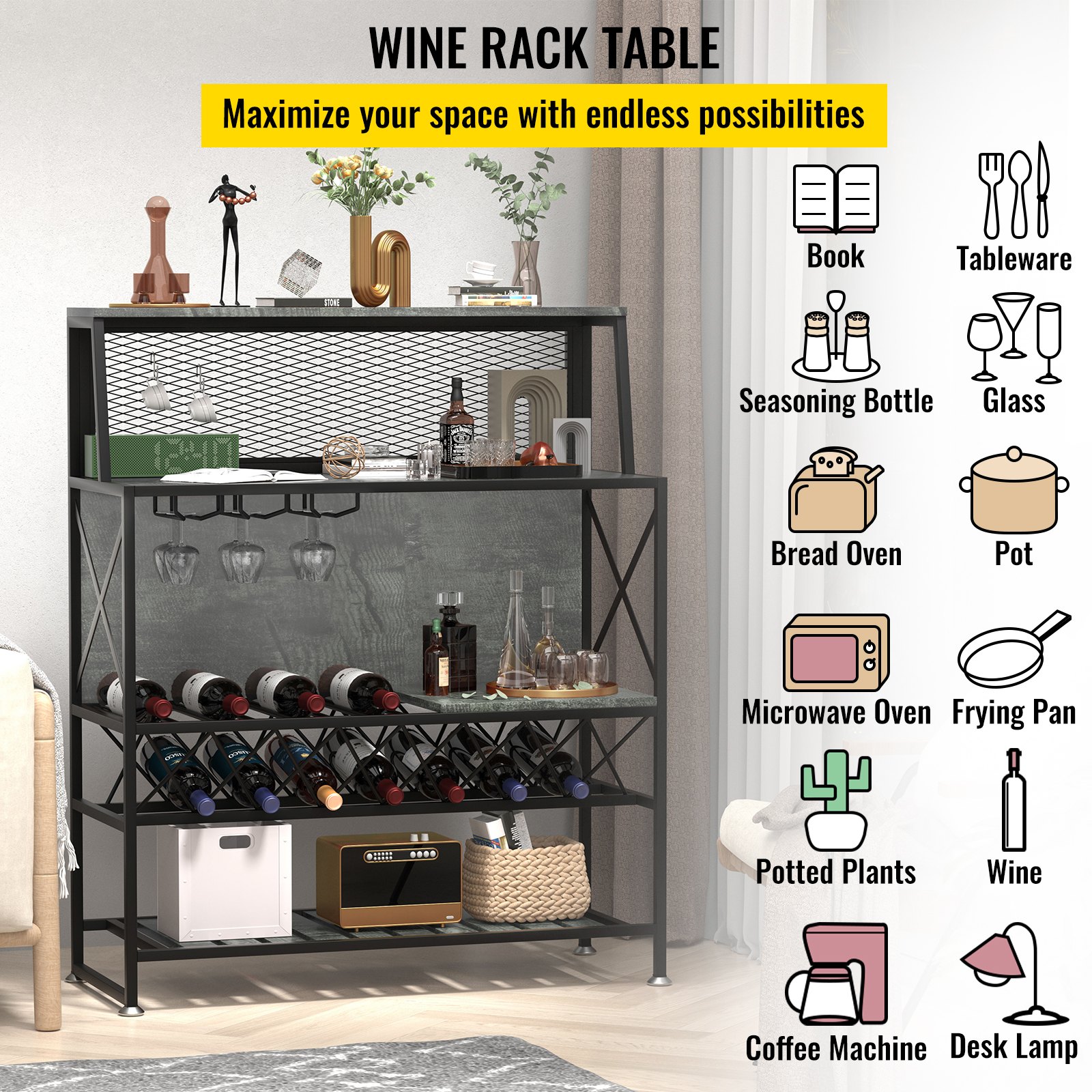 VEVOR Wine Rack Home Bar Table, Industrial Liquor Storage Cabinets with ...