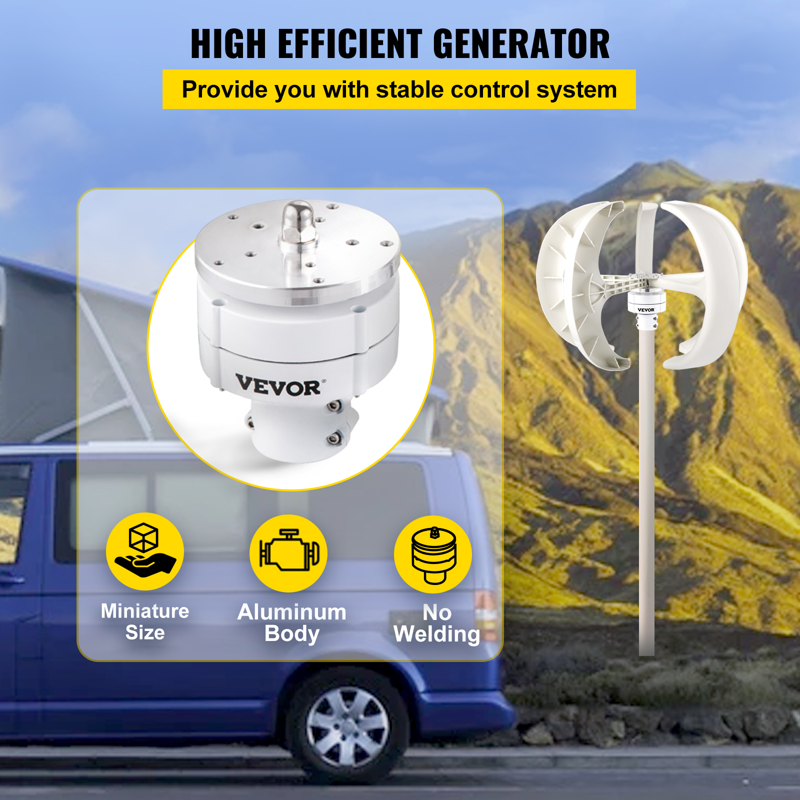 VEVOR 600w Dc 12v 5 Blades Lantern Wind Turbine Generator Vertical Axis