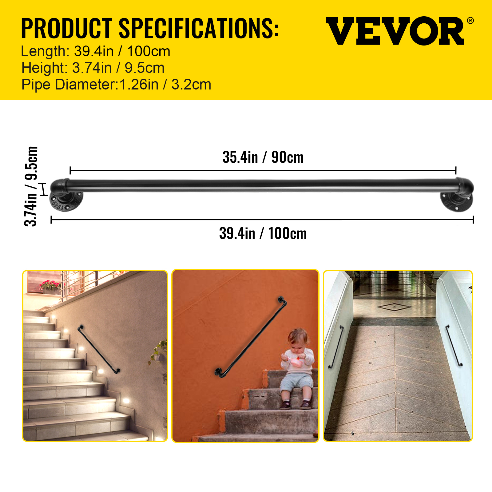 Non-slip Grab Bar 4ft Square Tube Handrail – Wall-Mount Stair Railing For Indoor/Outdoor Use | Matte Black, 440lb Capacity, Industrial Modern Design For Stairs, Bathroom, Porch Safety Handrail 440lb Capacity