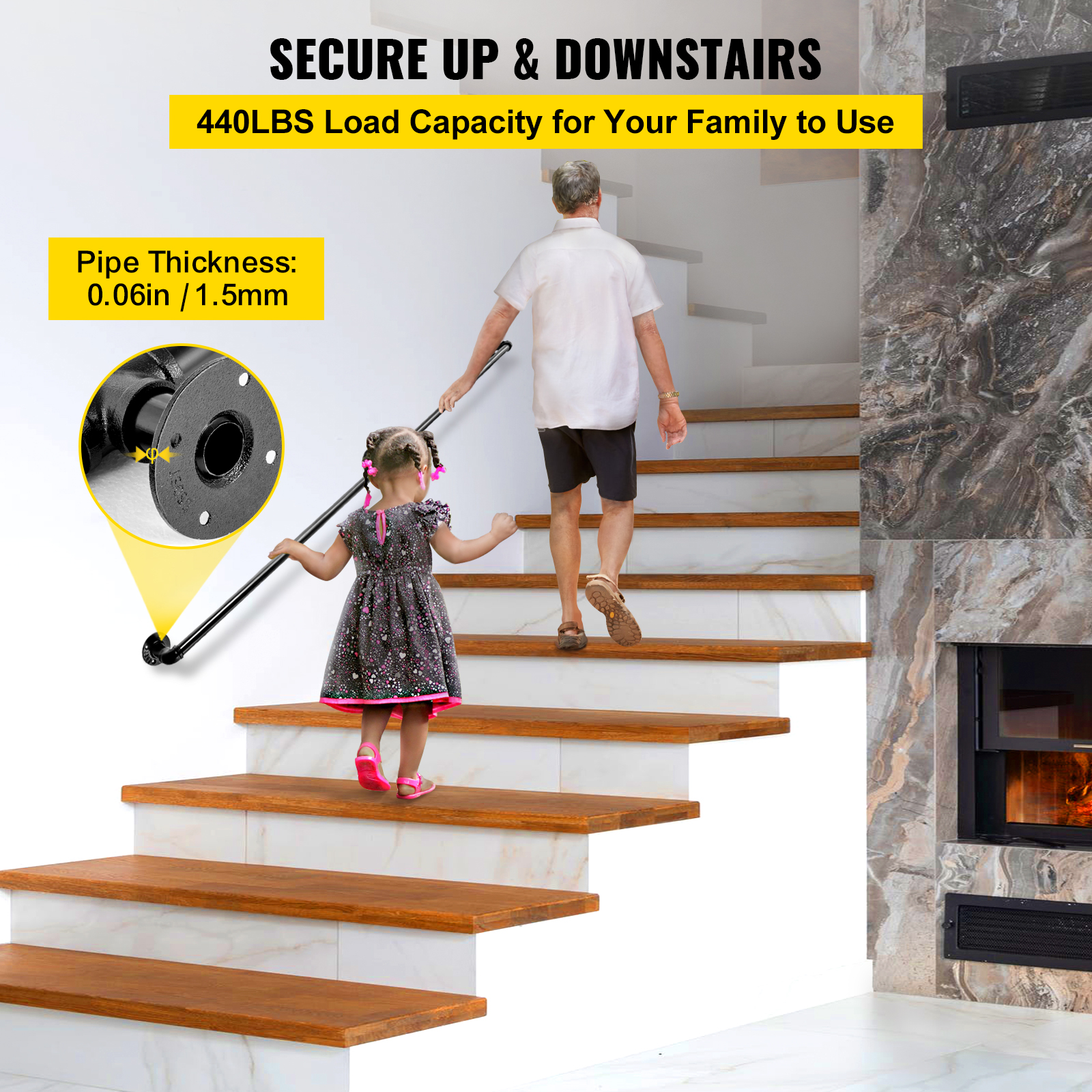VEVOR Wall Mounted Stair Handrail, 910mm Black Iron Staircase Handrail Indoor, 113kg Load Capacity, Industrial Railing Hand Rail For Steps, Square