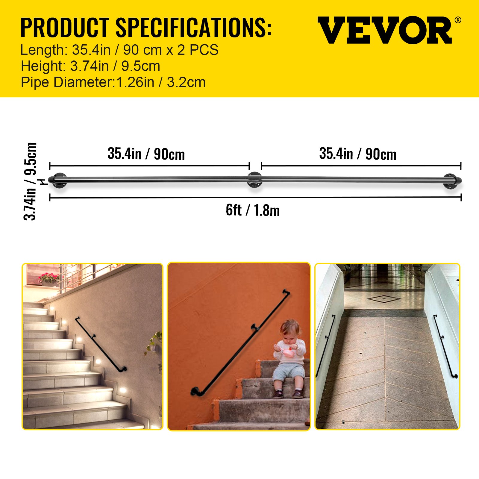 Vevor Pipe Stair Handrail 6ft Staircase Handrail 440lbs Load Capacity Carbon Steel Pipe 4709