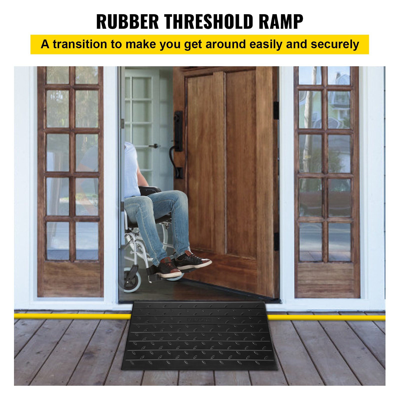 VEVOR Rubber Threshold Ramp, 2.6" Rise Threshold Ramp Doorway, 3 Channels Cord Cover Rubber
