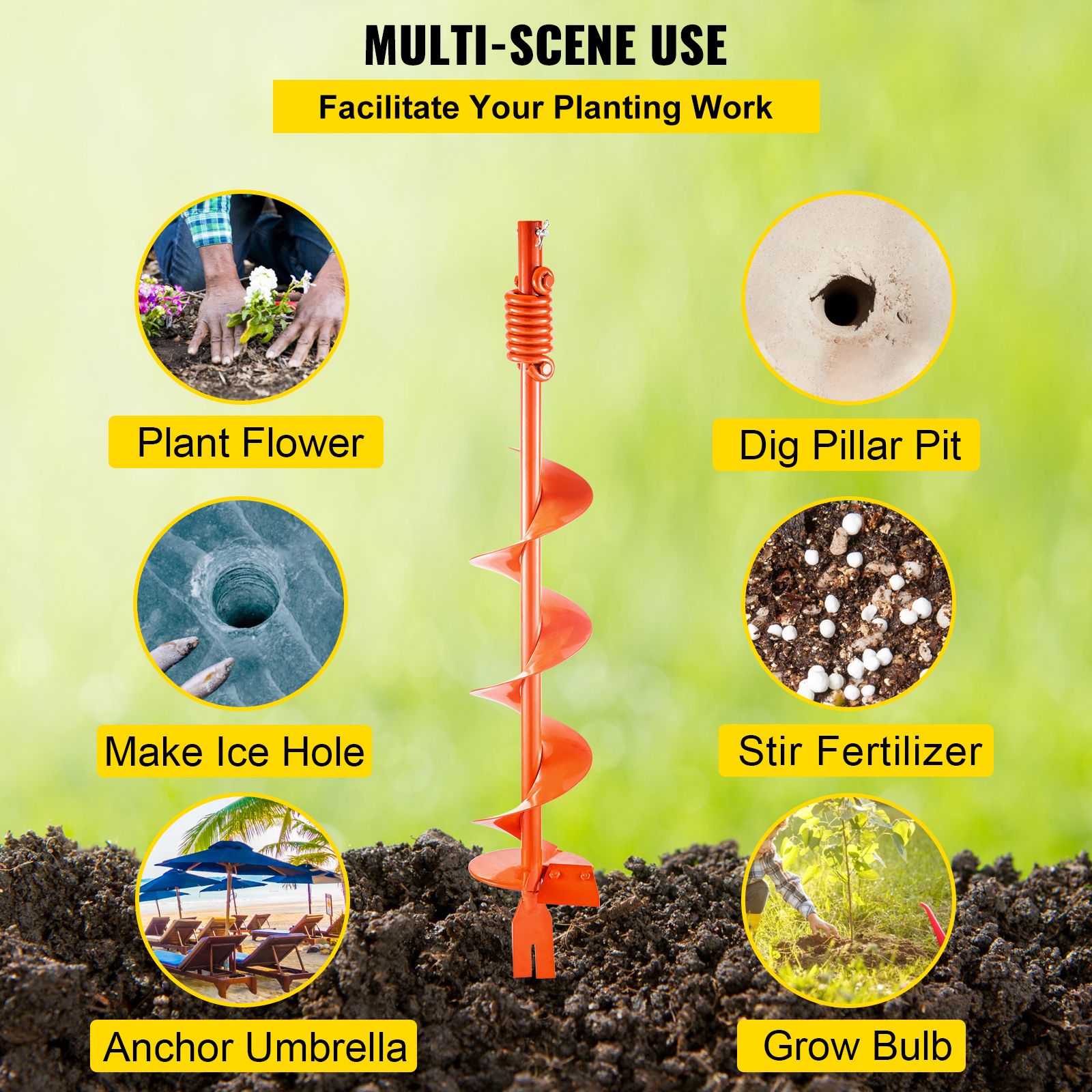 VEVOR Auger Drill, 6'' (D) x 35'' (L) Garden Auger Drill Bit with Shock