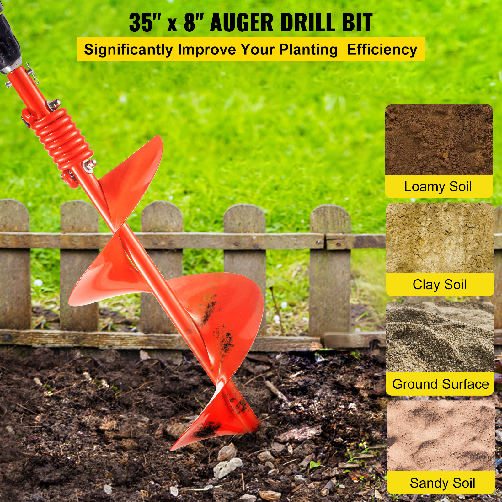 VEVOR Auger Drill, 8'' (D) x 35'' (L) Garden Auger Drill Bit with Shock