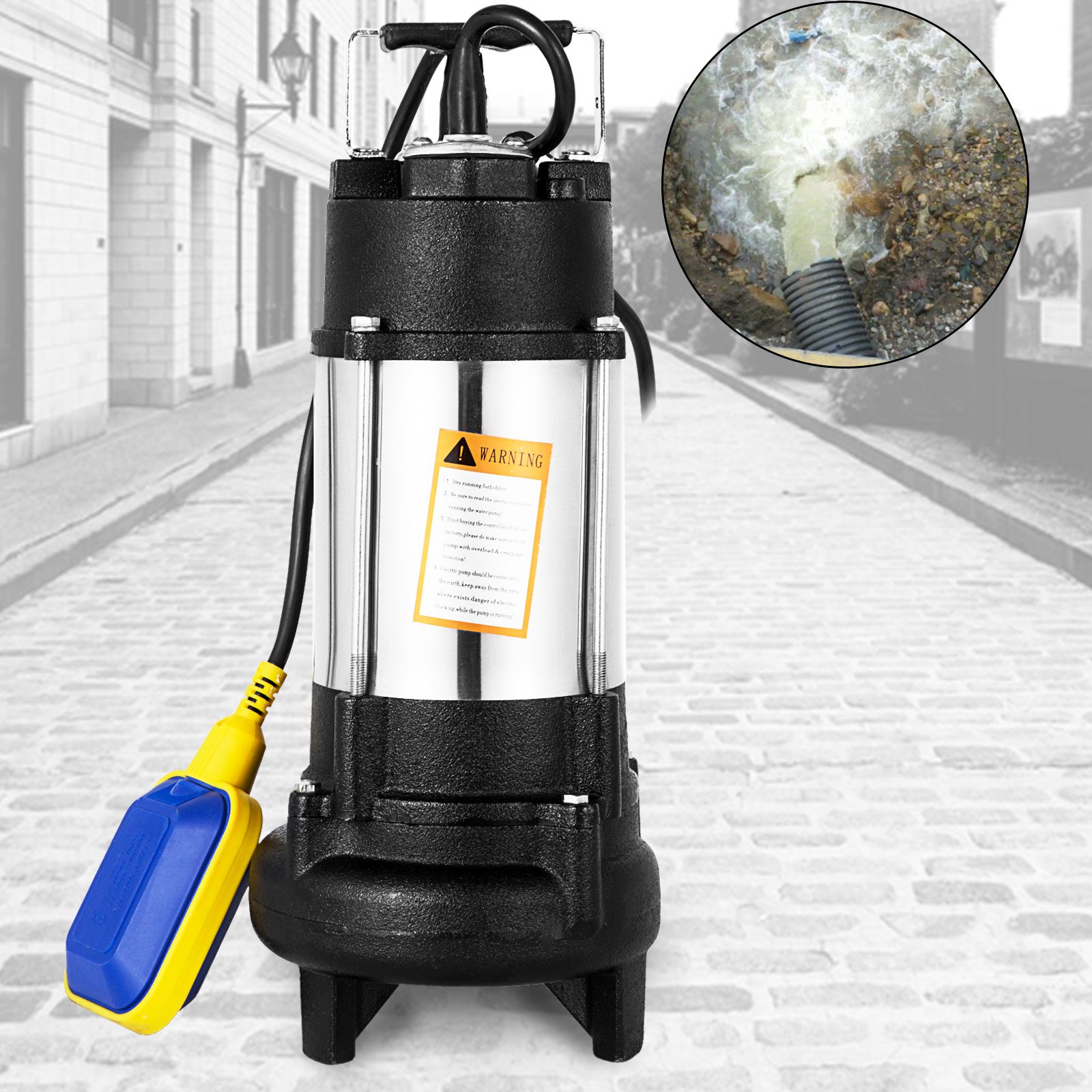 Vevor Sewage Pump 1 Hp 110v 6340 Gph 62 Lift 304 Stainless Steel Heavy Duty With 15 Cable And 2387