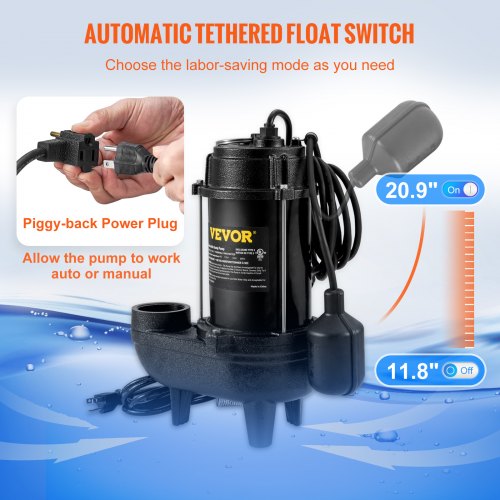 VEVOR Sewage Pump, 3/4 HP 5880 GPH 1050W, Submersible Cast Iron Ejector