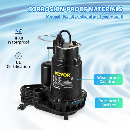 VEVOR 1HP Sewage Pump, 5600 GPH Cast Iron Submersible Sump Pump with