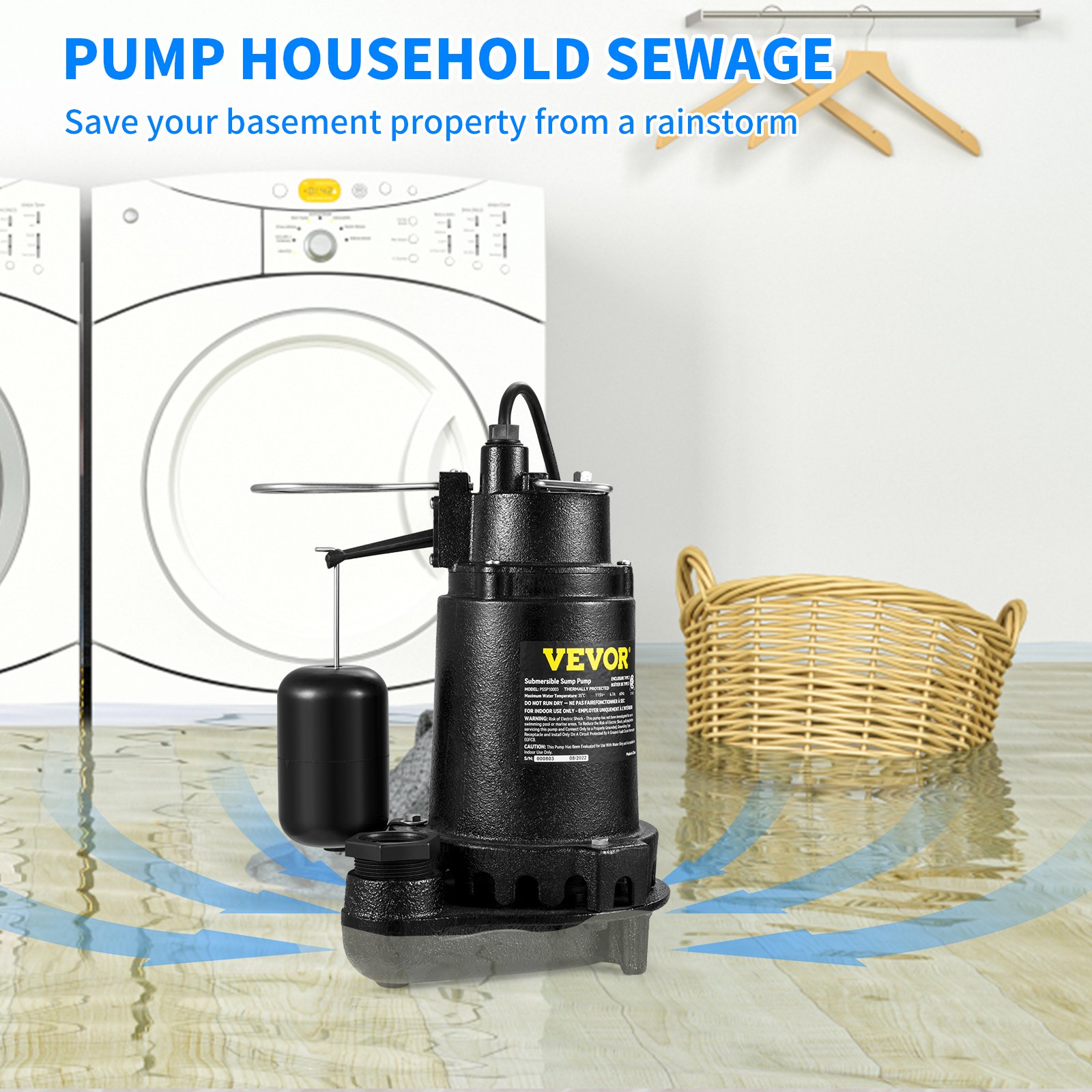 VEVOR 1HP Sewage Pump, 5600 GPH Cast Iron Submersible Sump Pump with