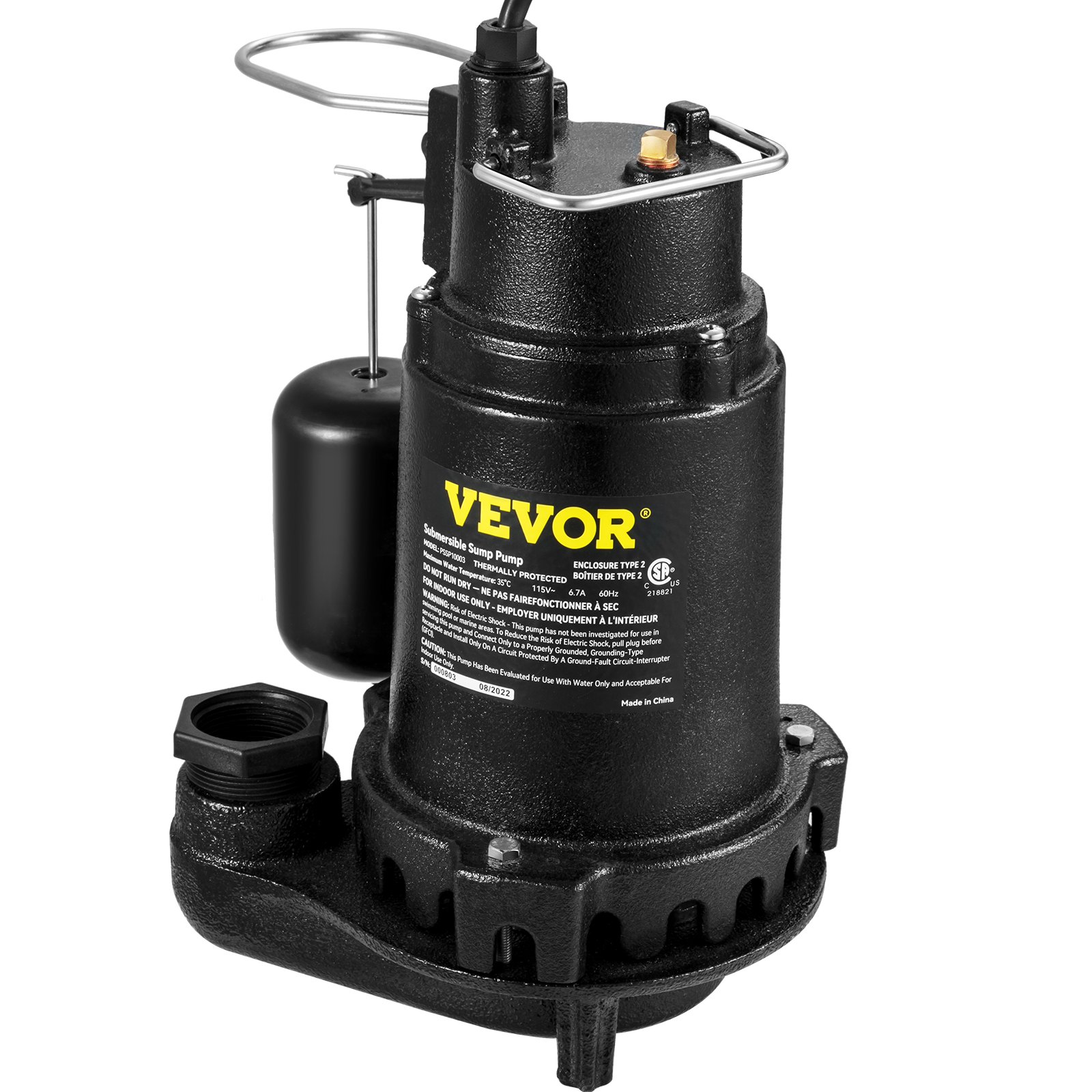 VEVOR 1HP Sewage Pump, 5600 GPH Cast Iron Submersible Sump Pump with