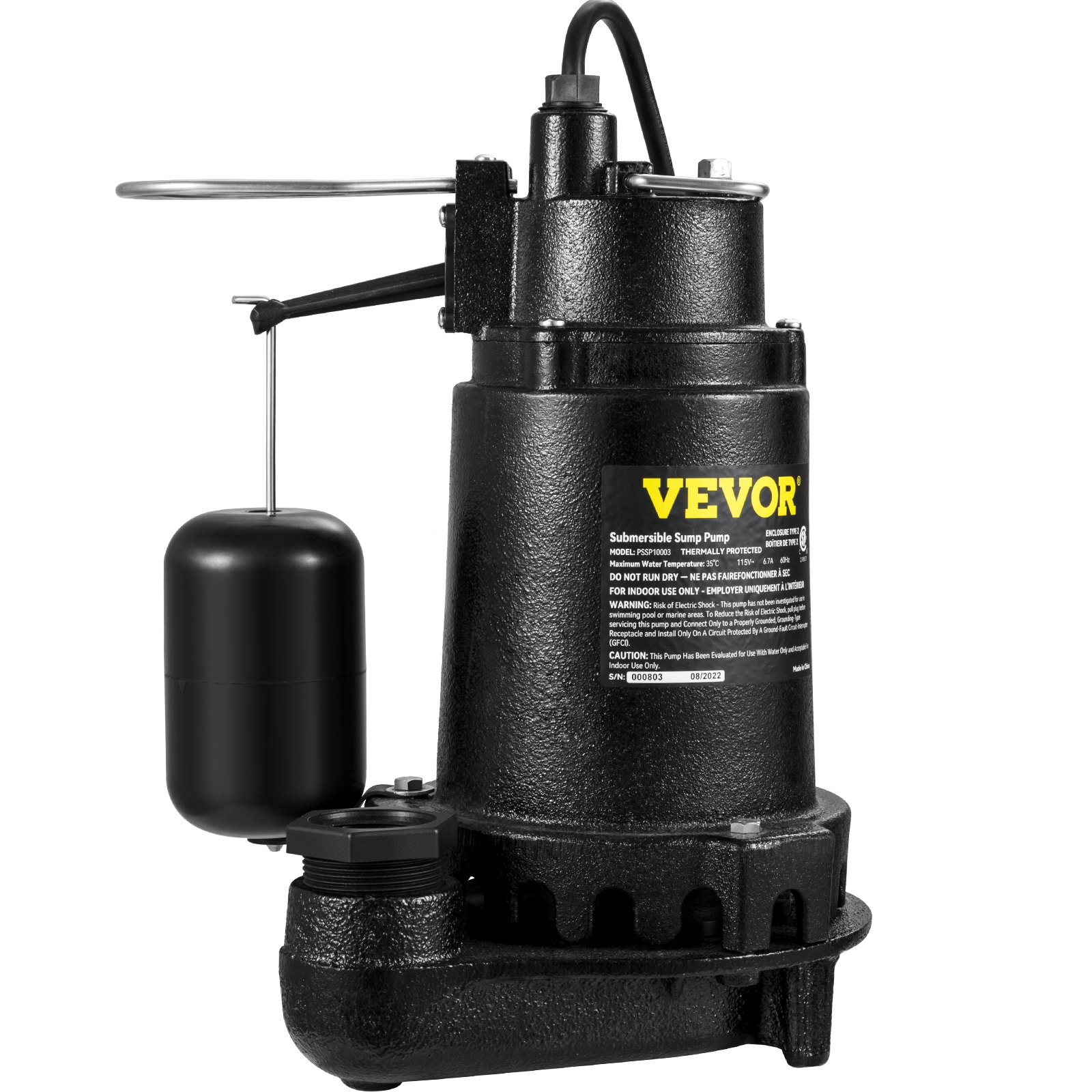 VEVOR 1HP Sewage Pump, 5600 GPH Cast Iron Submersible Sump Pump with