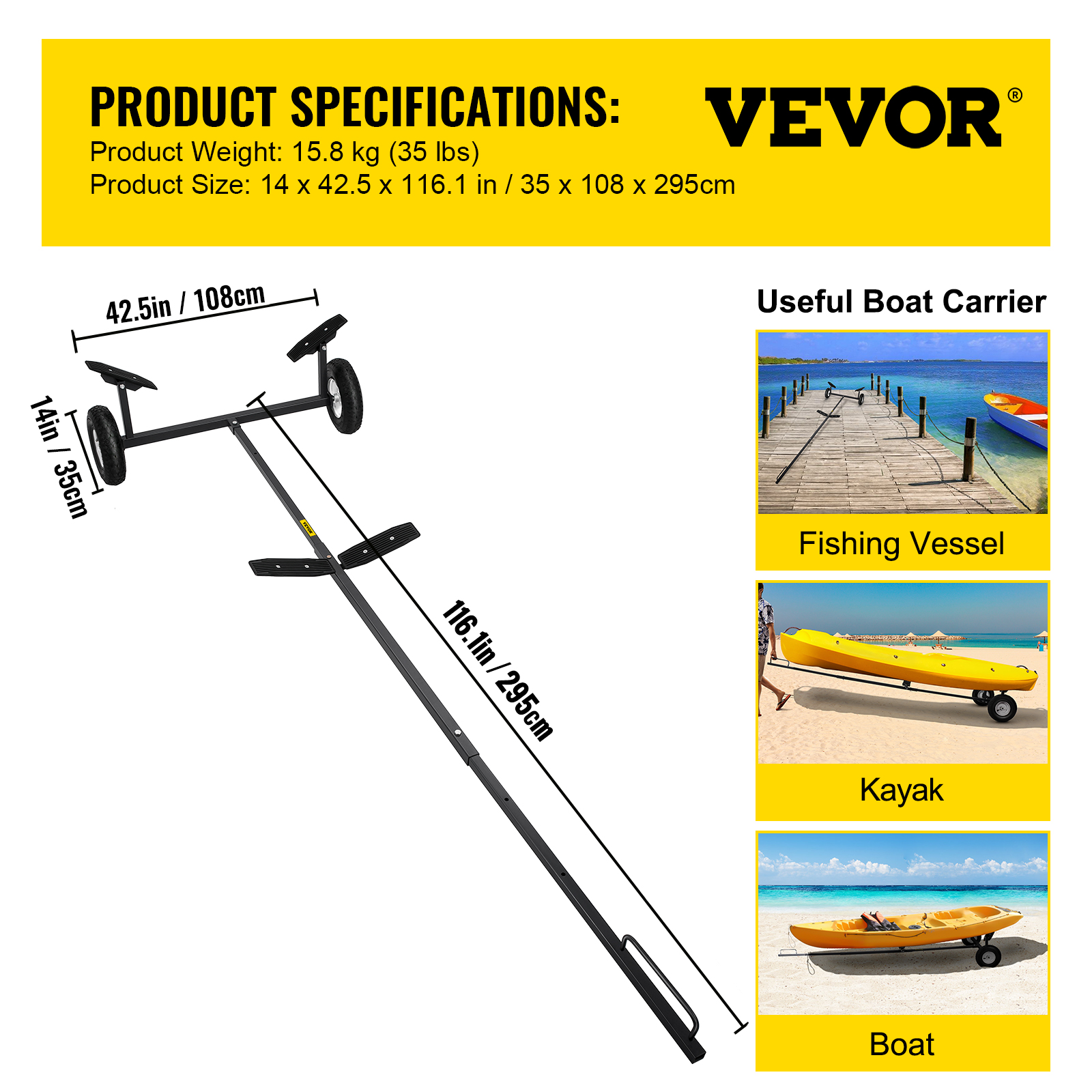 VEVOR Boat Trailer Dolly, 360 lbs Load Capacity Boat Trailer, Hand Dolly Set with 14" Wheels